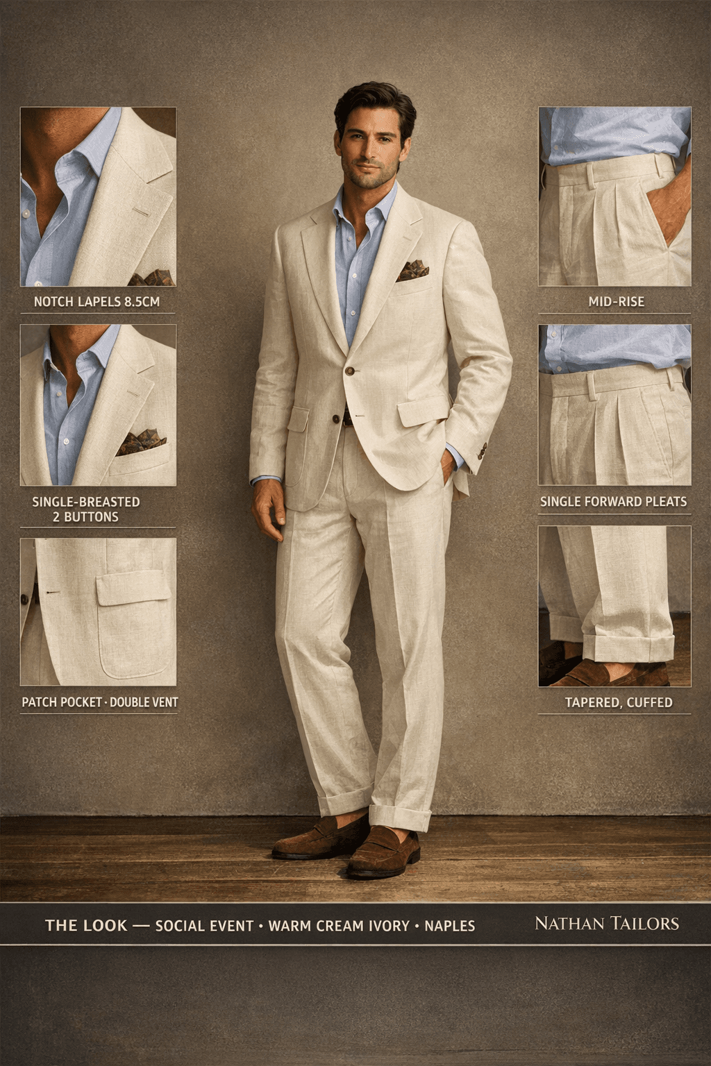 warm cream ivory single-breasted notch-lapel online custom suit — designed online at RemoteSuit. Made-to-measure online custom suit available from $109.