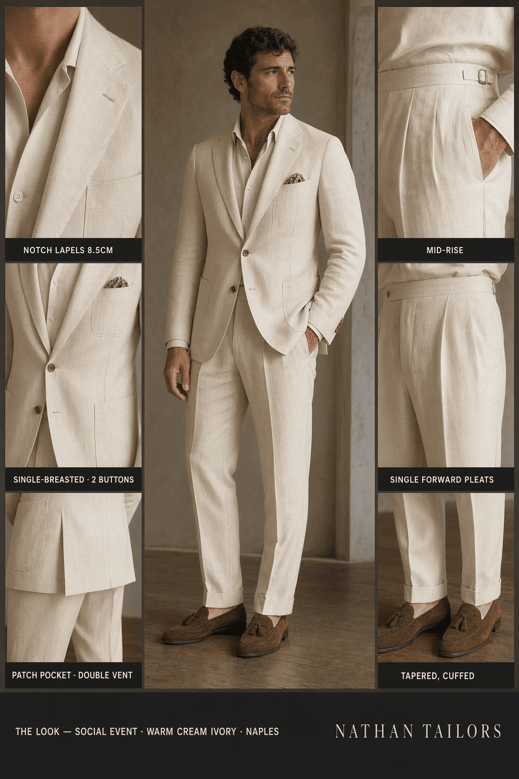 warm cream ivory single-breasted notch-lapel online custom suit — designed online at RemoteSuit. Made-to-measure online custom suit available from $109.