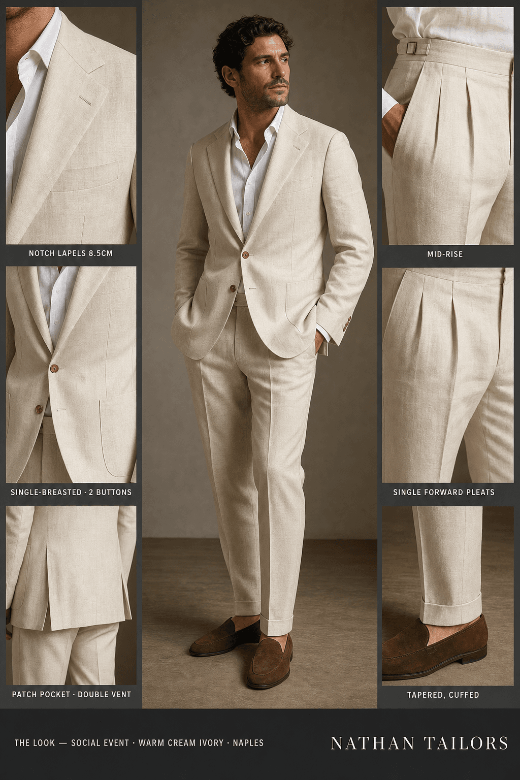 warm cream ivory single-breasted notch-lapel online custom suit — designed online at RemoteSuit. Made-to-measure online custom suit available from $109.