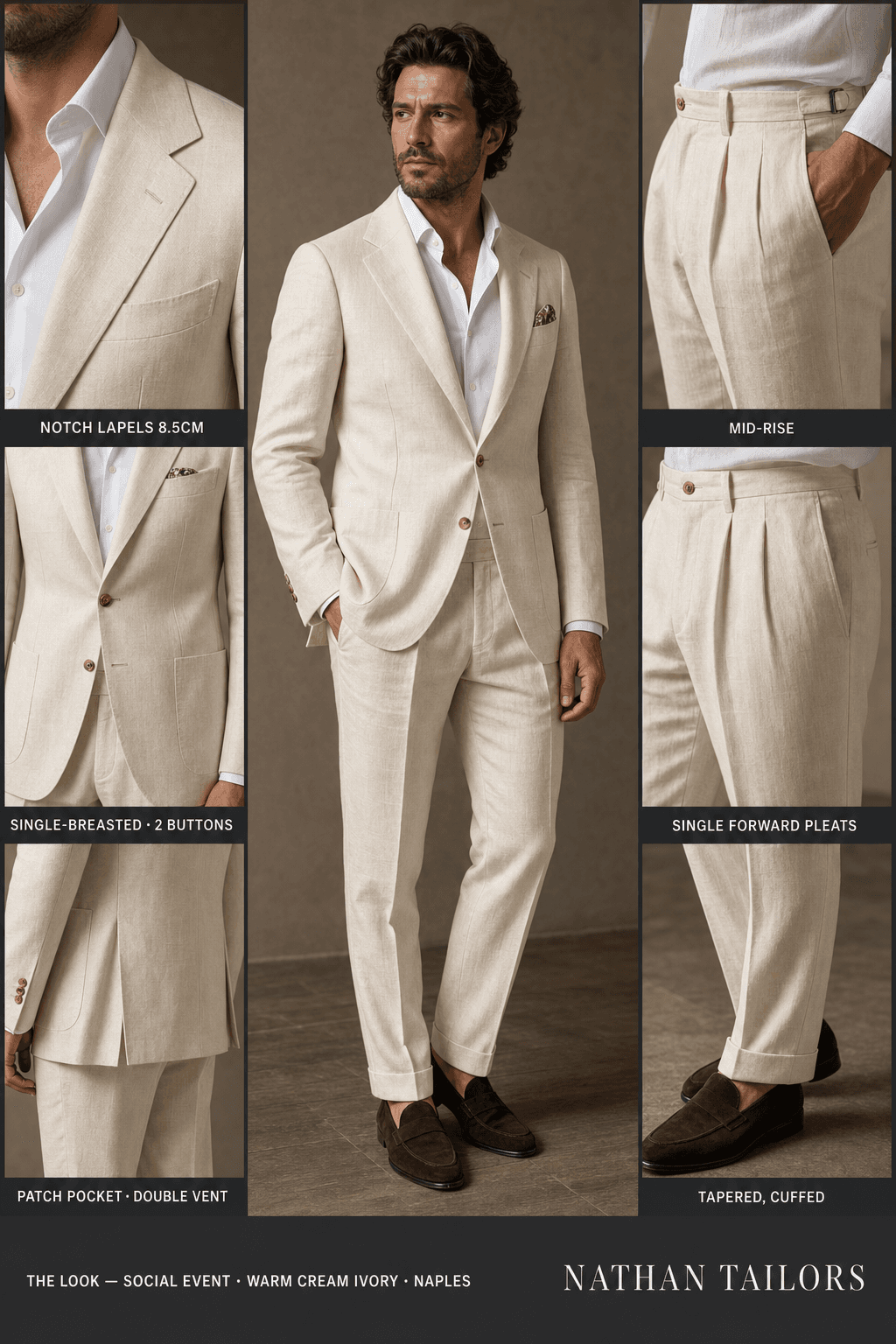 warm cream ivory single-breasted notch-lapel online custom suit — designed online at RemoteSuit. Made-to-measure online custom suit available from $109.