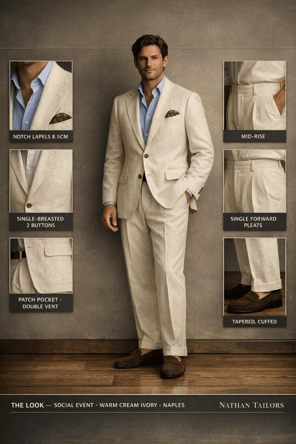 warm cream ivory single-breasted notch-lapel online custom suit — designed online at RemoteSuit. Made-to-measure online custom suit available from $109.