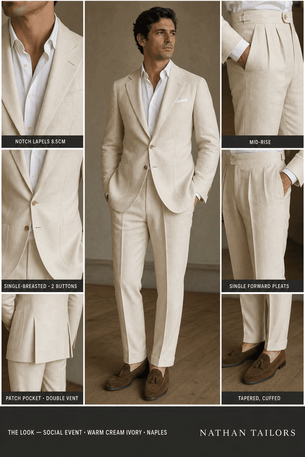warm cream ivory single-breasted notch-lapel online custom suit — designed online at RemoteSuit. Made-to-measure online custom suit available from $109.