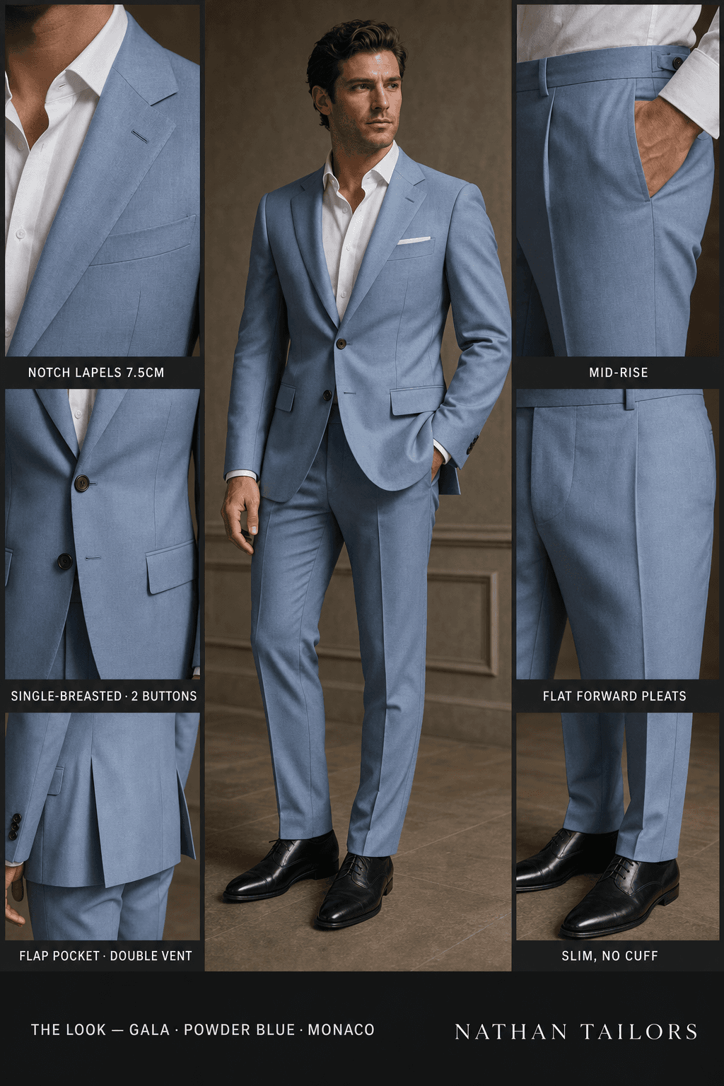 powder blue single-breasted notch-lapel online custom suit — designed online at RemoteSuit. Made-to-measure online custom suit available from $109.
