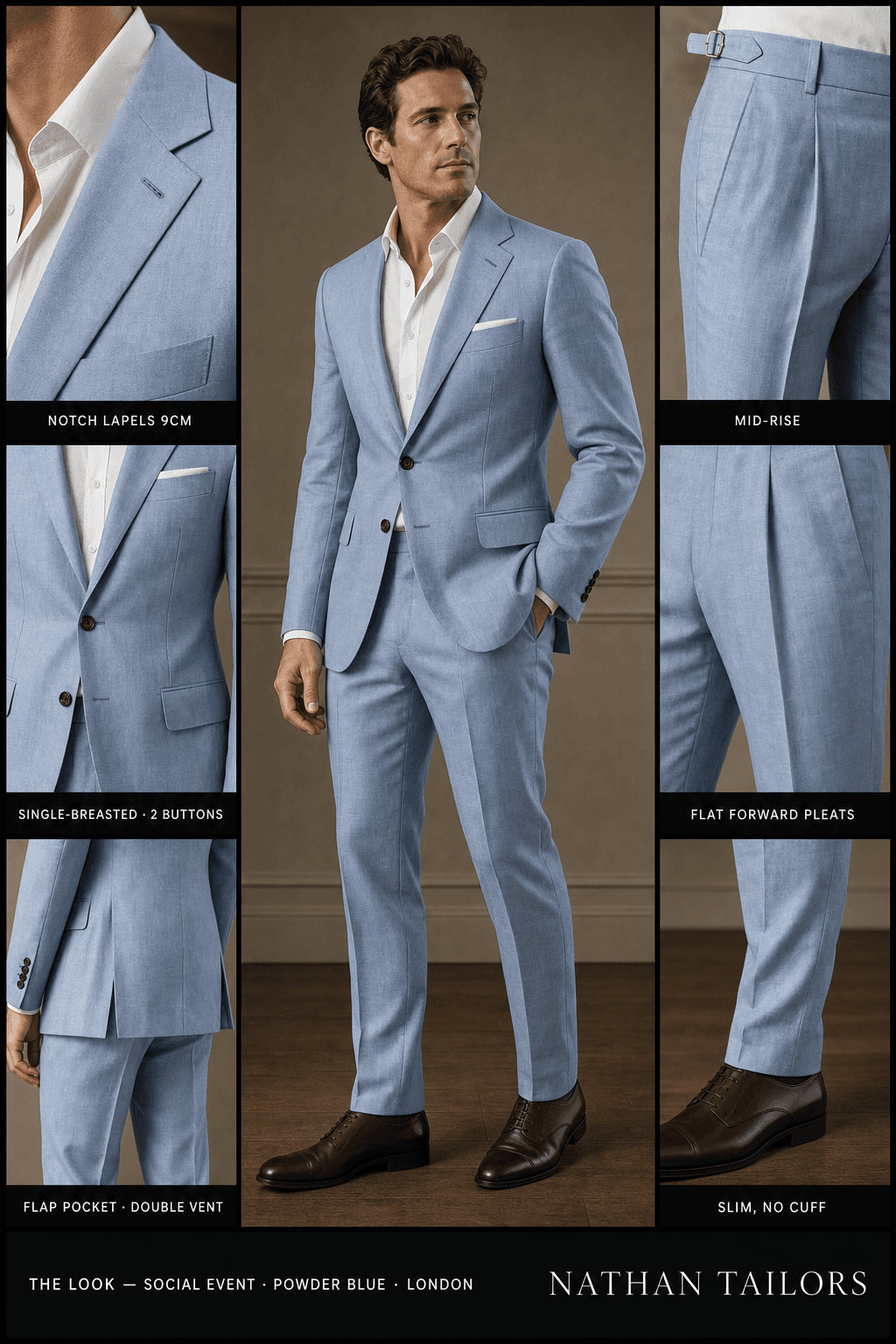 powder blue single-breasted notch-lapel online custom suit — designed online at RemoteSuit. Made-to-measure online custom suit available from $109.