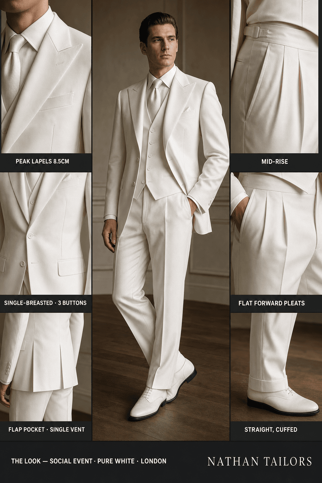 pure white single-breasted peak-lapel online custom suit — designed online at RemoteSuit. Made-to-measure online custom suit available from $109.