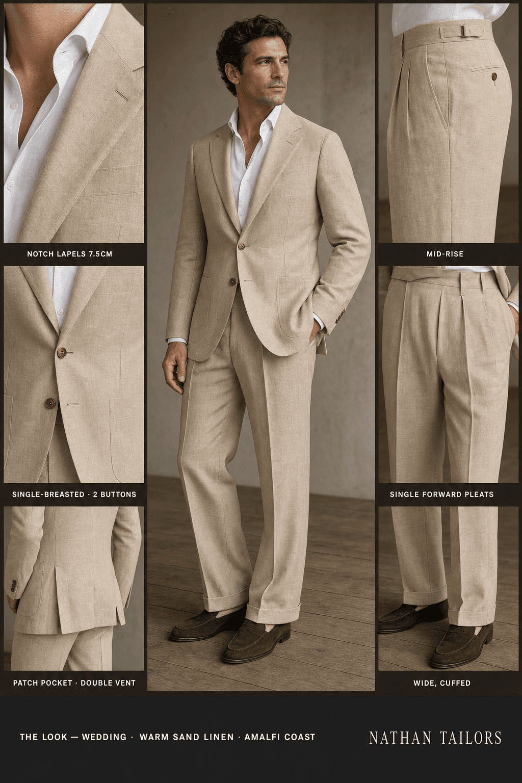 warm sand linen single-breasted notch-lapel online custom suit — designed online at RemoteSuit. Made-to-measure online custom suit available from $109.