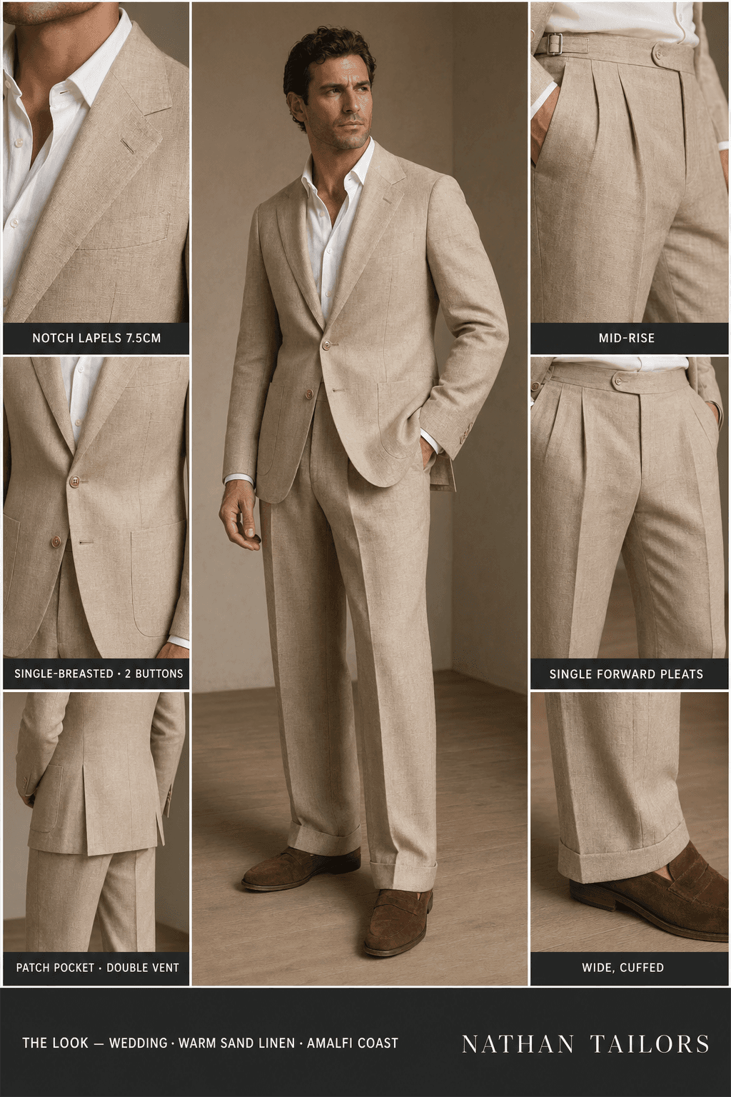 warm sand linen single-breasted online custom suit — designed at RemoteSuit, made to measure online