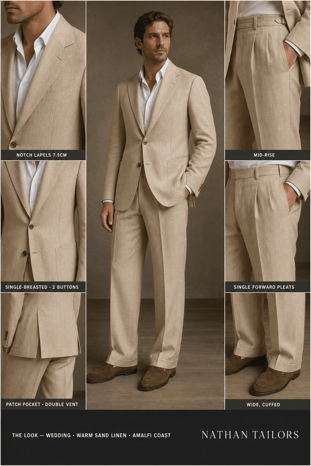 warm sand linen single-breasted notch-lapel online custom suit — designed online at RemoteSuit. Made-to-measure online custom suit available from $109.