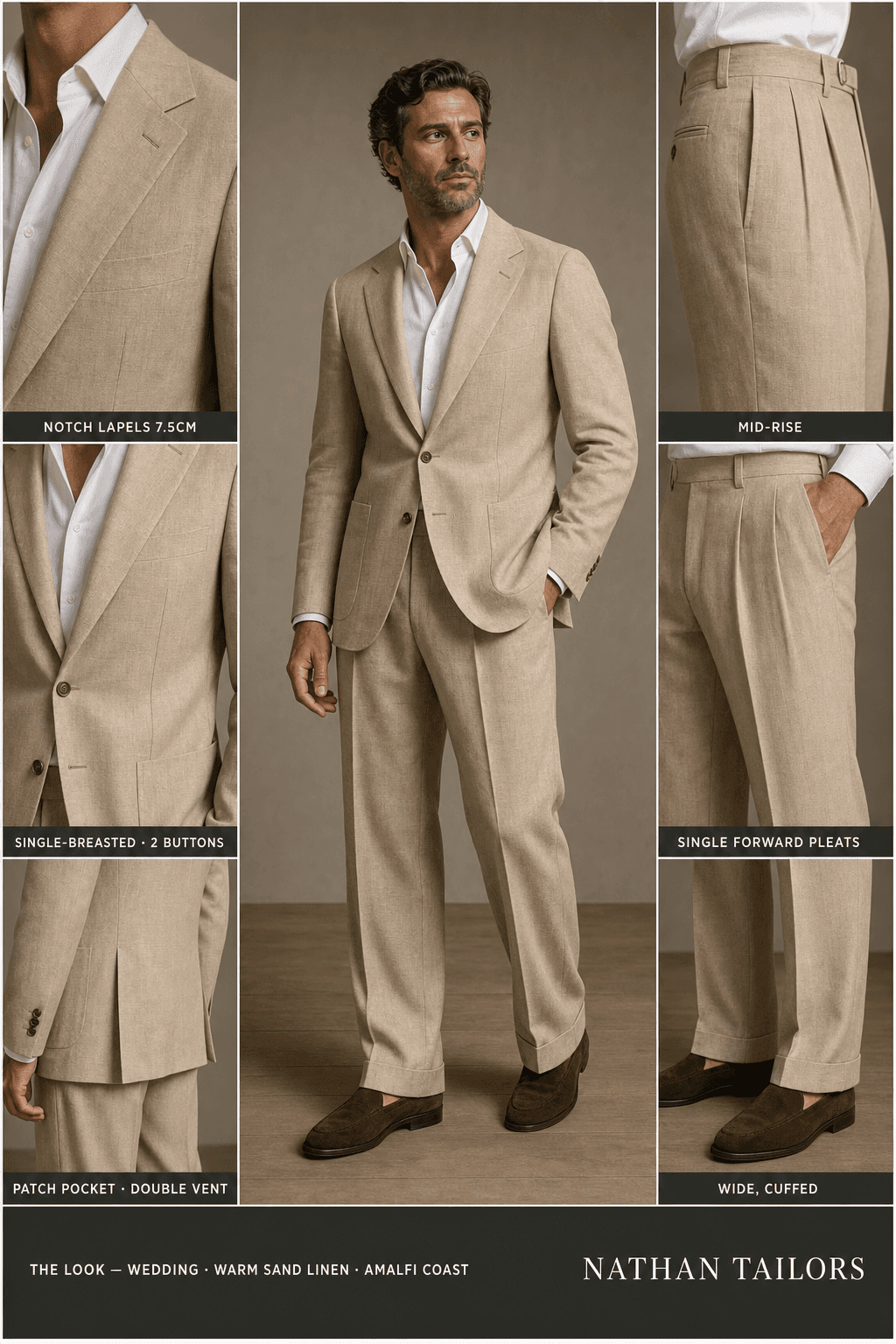 warm sand linen single-breasted notch-lapel online custom suit — designed online at RemoteSuit. Made-to-measure online custom suit available from $109.