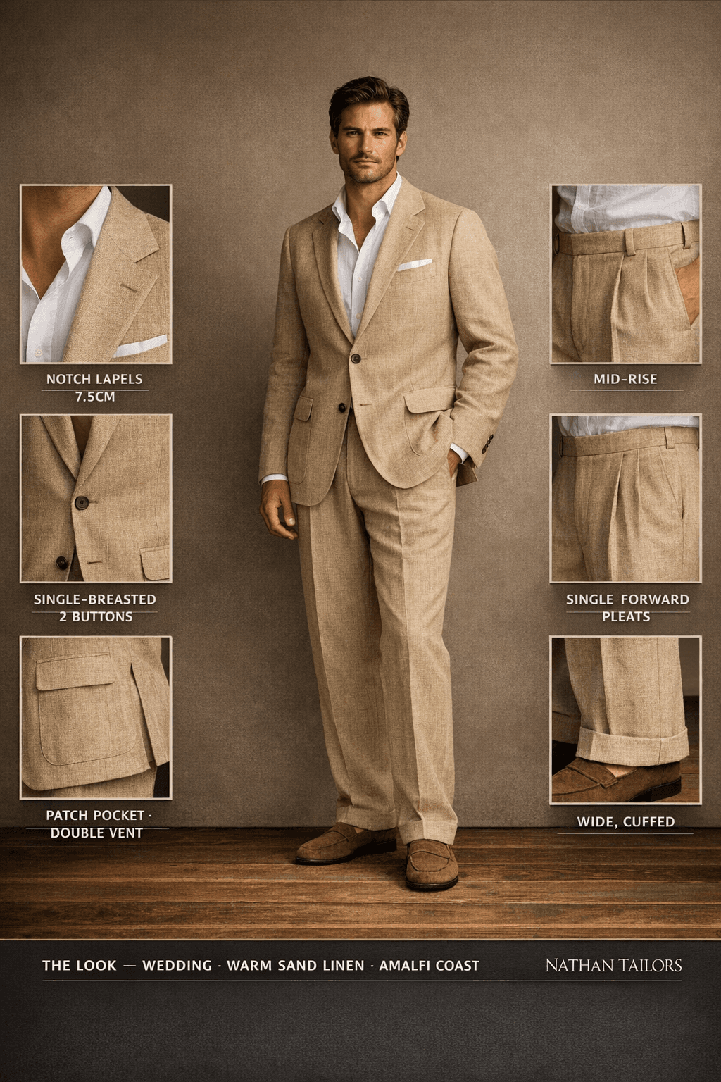 warm sand linen single-breasted notch-lapel online custom suit — designed online at RemoteSuit. Made-to-measure online custom suit available from $109.
