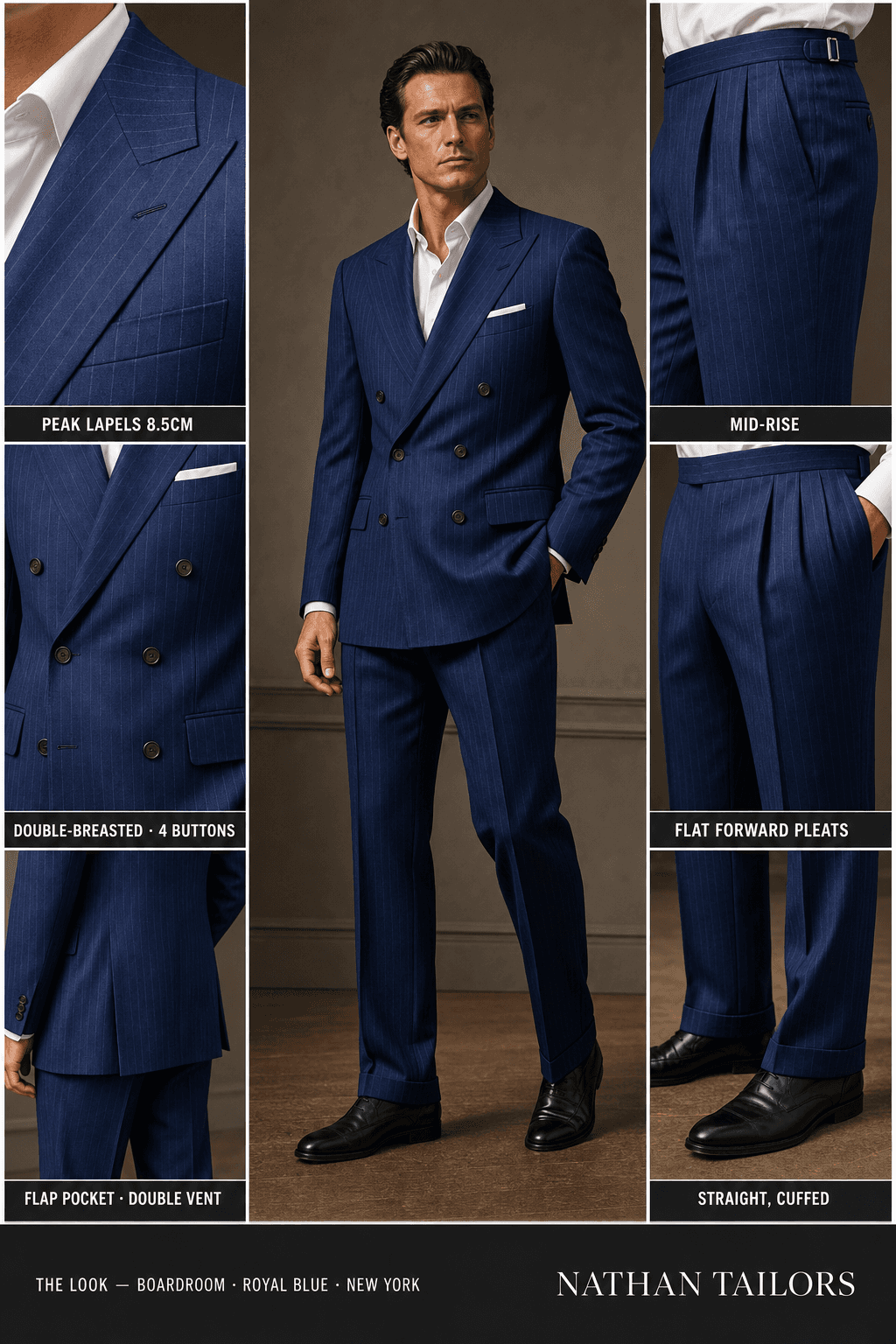 royal blue pinstripe double-breasted peak-lapel online custom suit — designed online at RemoteSuit. Made-to-measure online custom suit available from $109.
