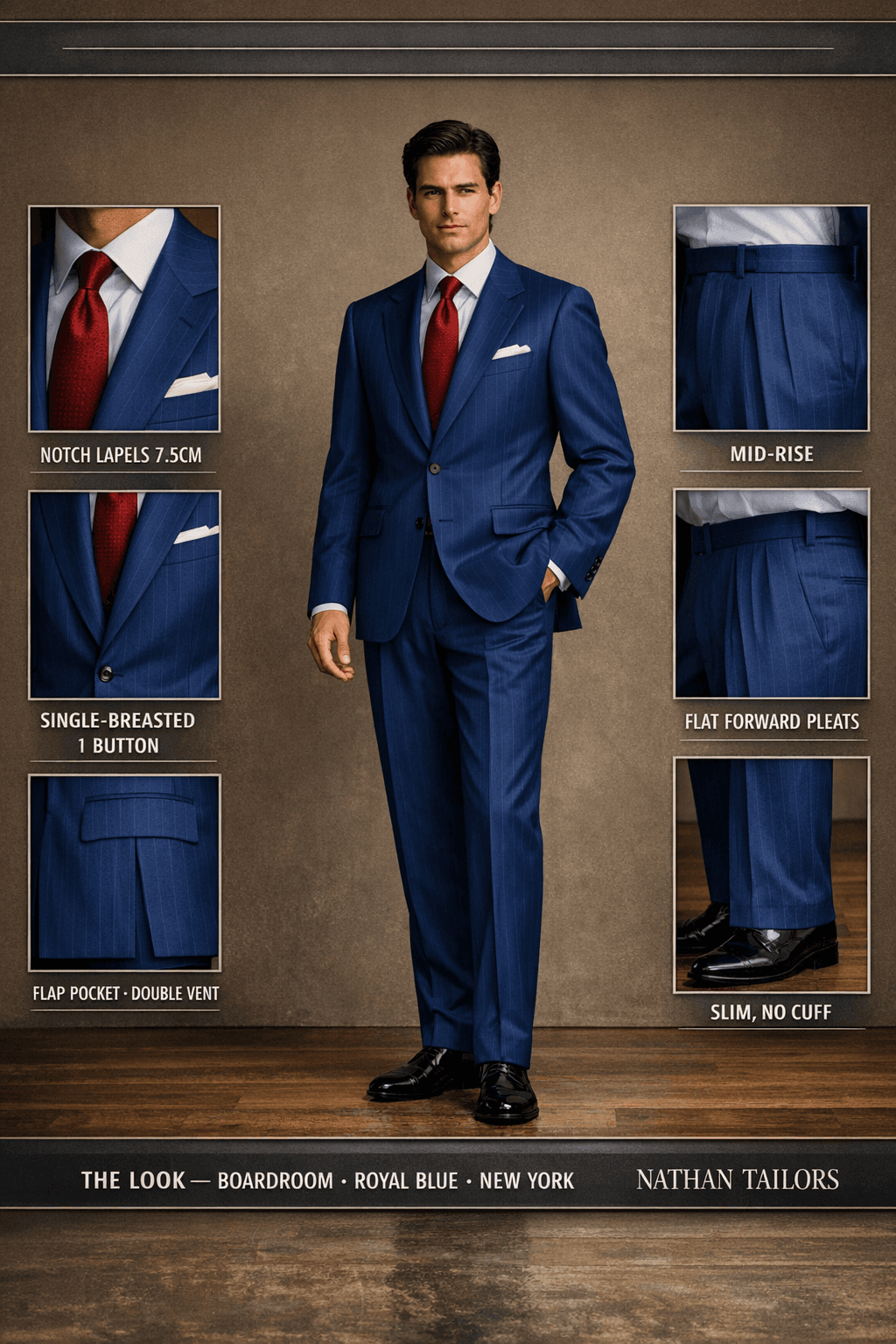 royal blue pinstripe single-breasted notch-lapel online custom suit — designed online at RemoteSuit. Made-to-measure online custom suit available from $109.