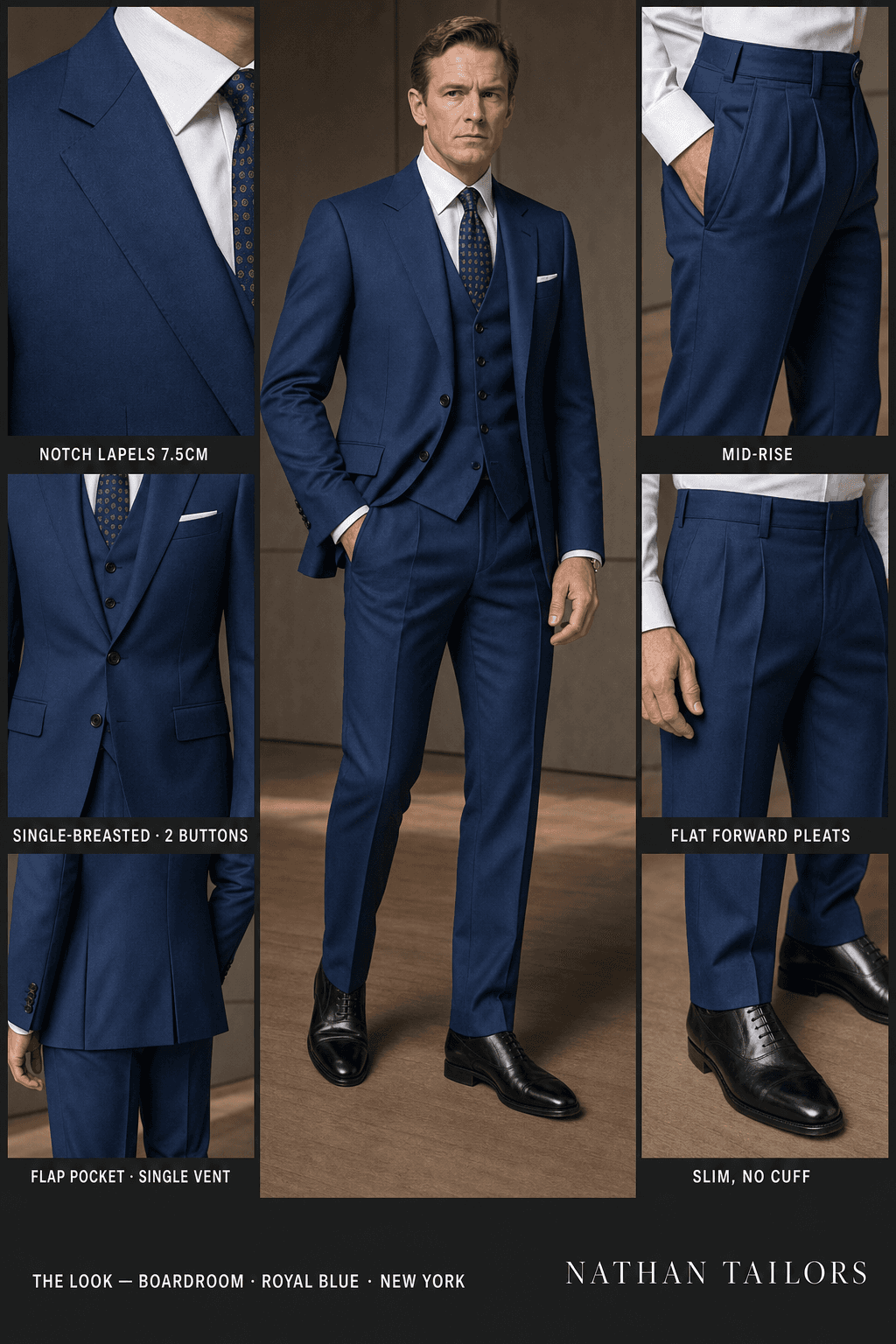 royal blue single-breasted notch-lapel online custom suit — designed online at RemoteSuit. Made-to-measure online custom suit available from $129.