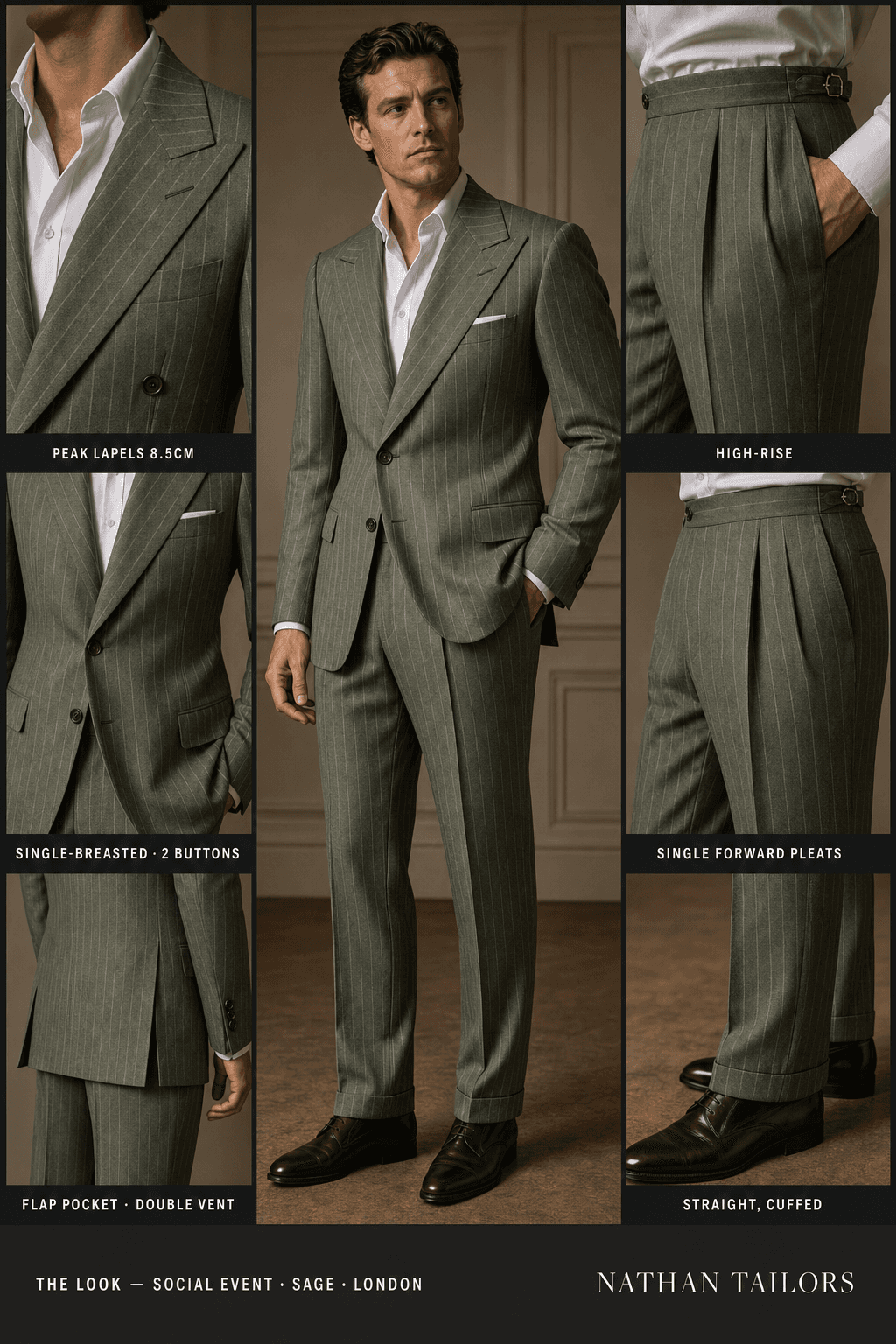 sage pinstripe single-breasted online custom suit — designed at RemoteSuit, made to measure online