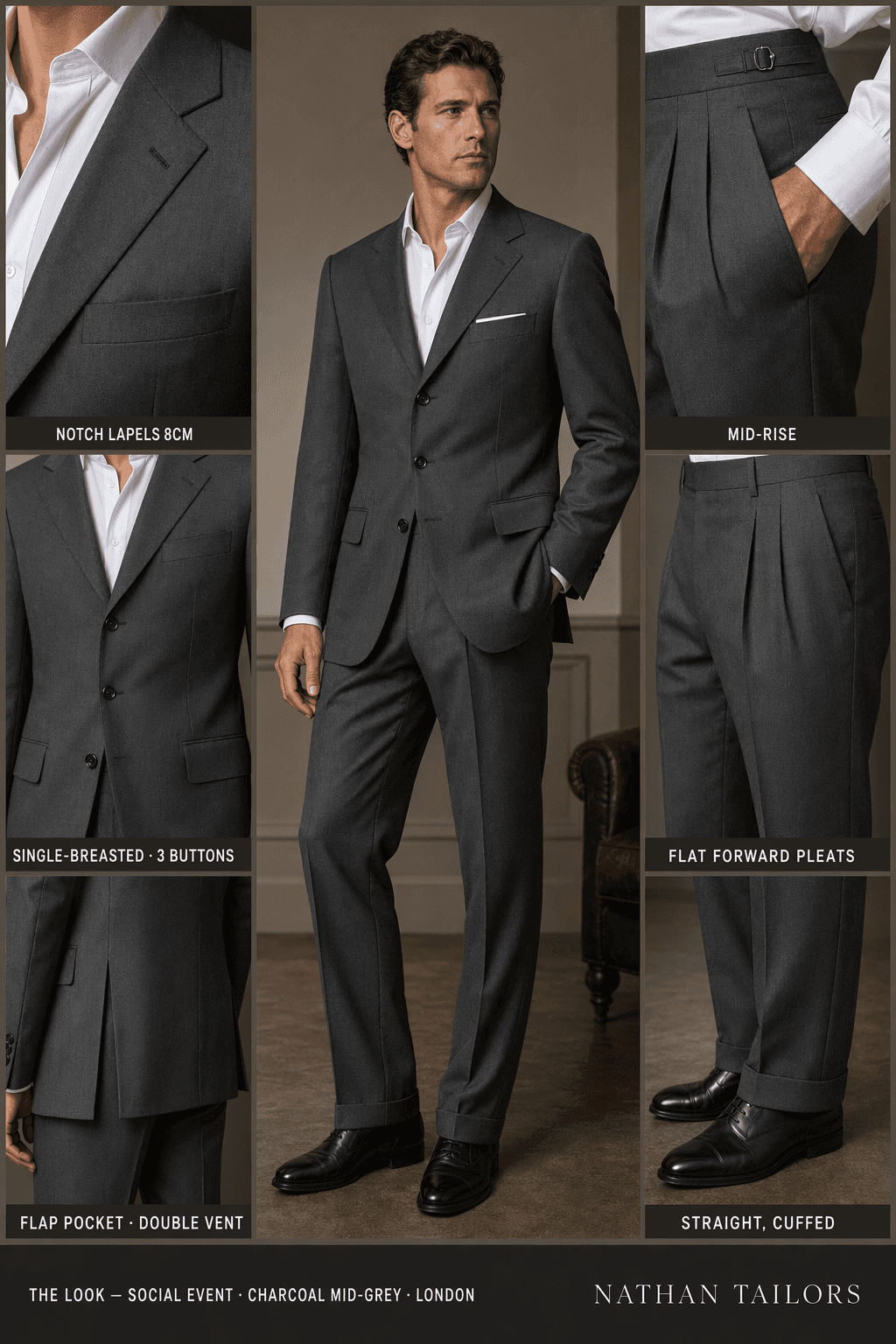 charcoal mid-grey single-breasted notch-lapel online custom suit — designed online at RemoteSuit. Made-to-measure online custom suit available from $109.