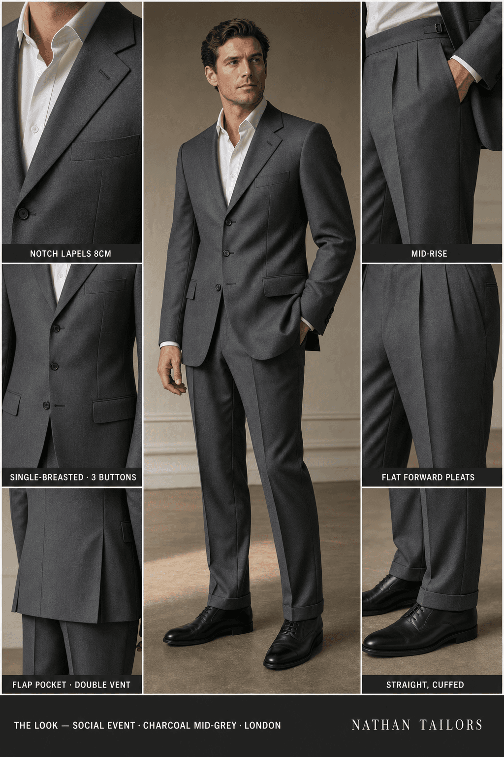 charcoal mid-grey single-breasted notch-lapel online custom suit — designed online at RemoteSuit. Made-to-measure online custom suit available from $109.