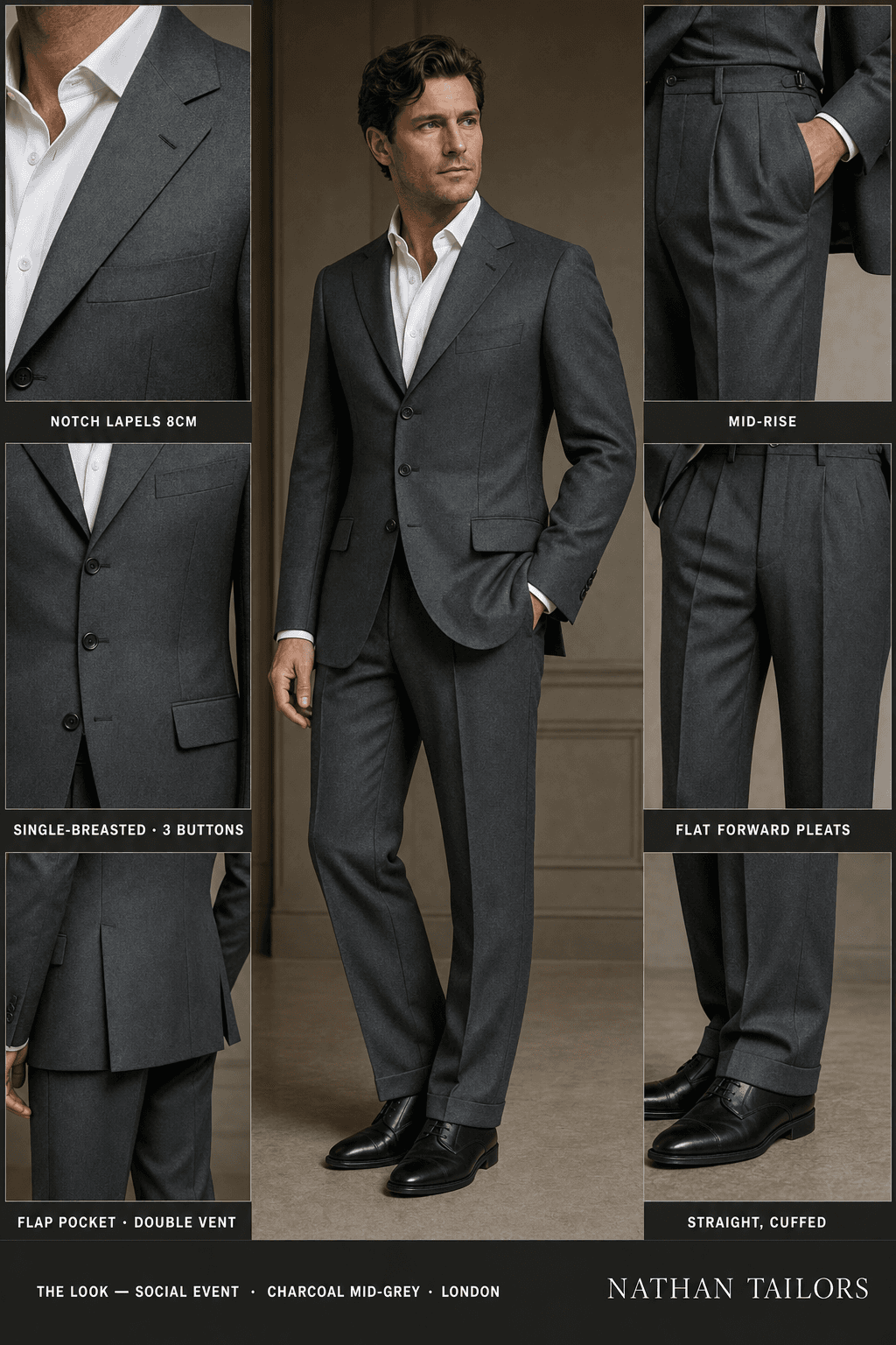 charcoal mid-grey single-breasted notch-lapel online custom suit — designed online at RemoteSuit. Made-to-measure online custom suit available from $109.