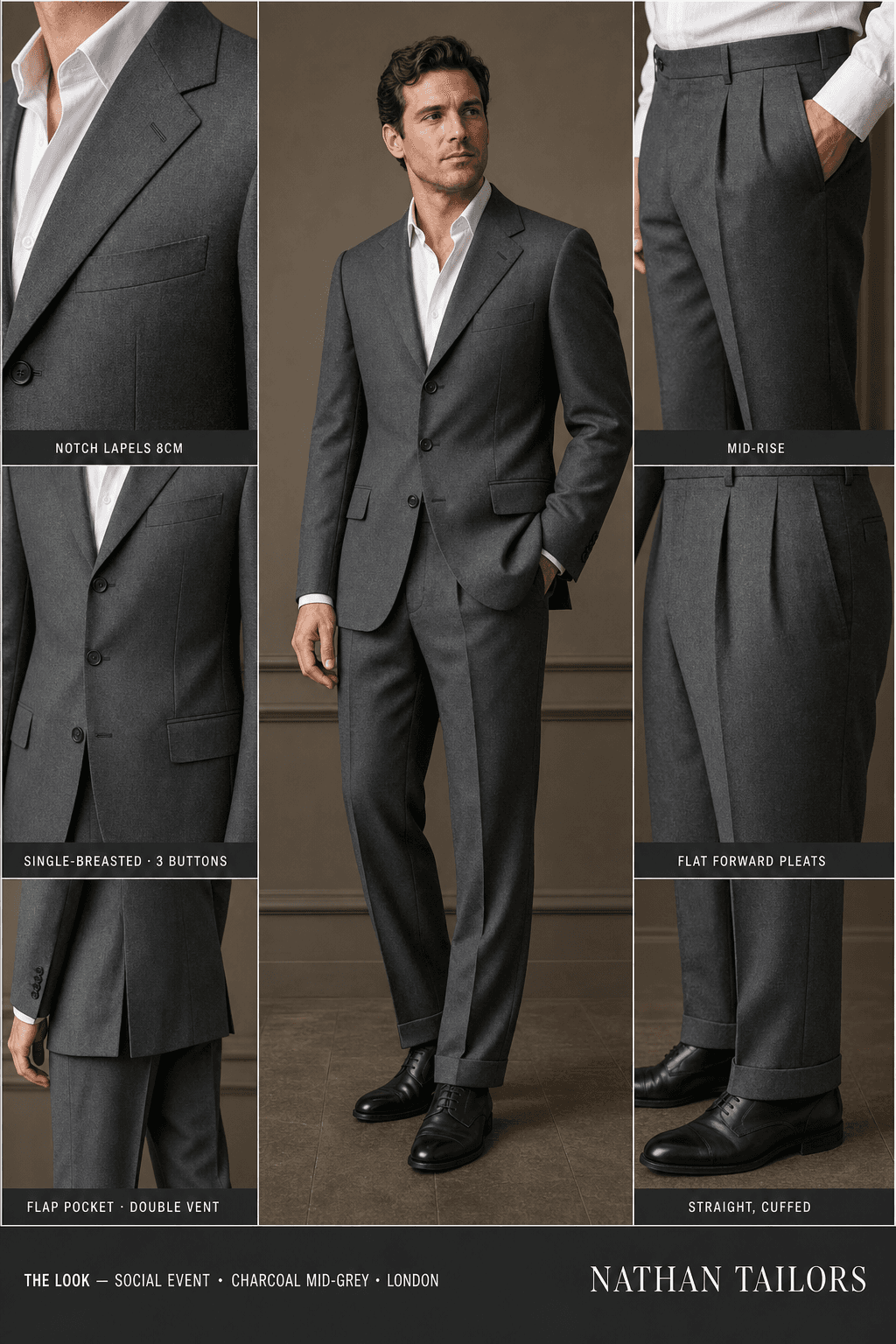 charcoal mid-grey single-breasted notch-lapel online custom suit — designed online at RemoteSuit. Made-to-measure online custom suit available from $109.