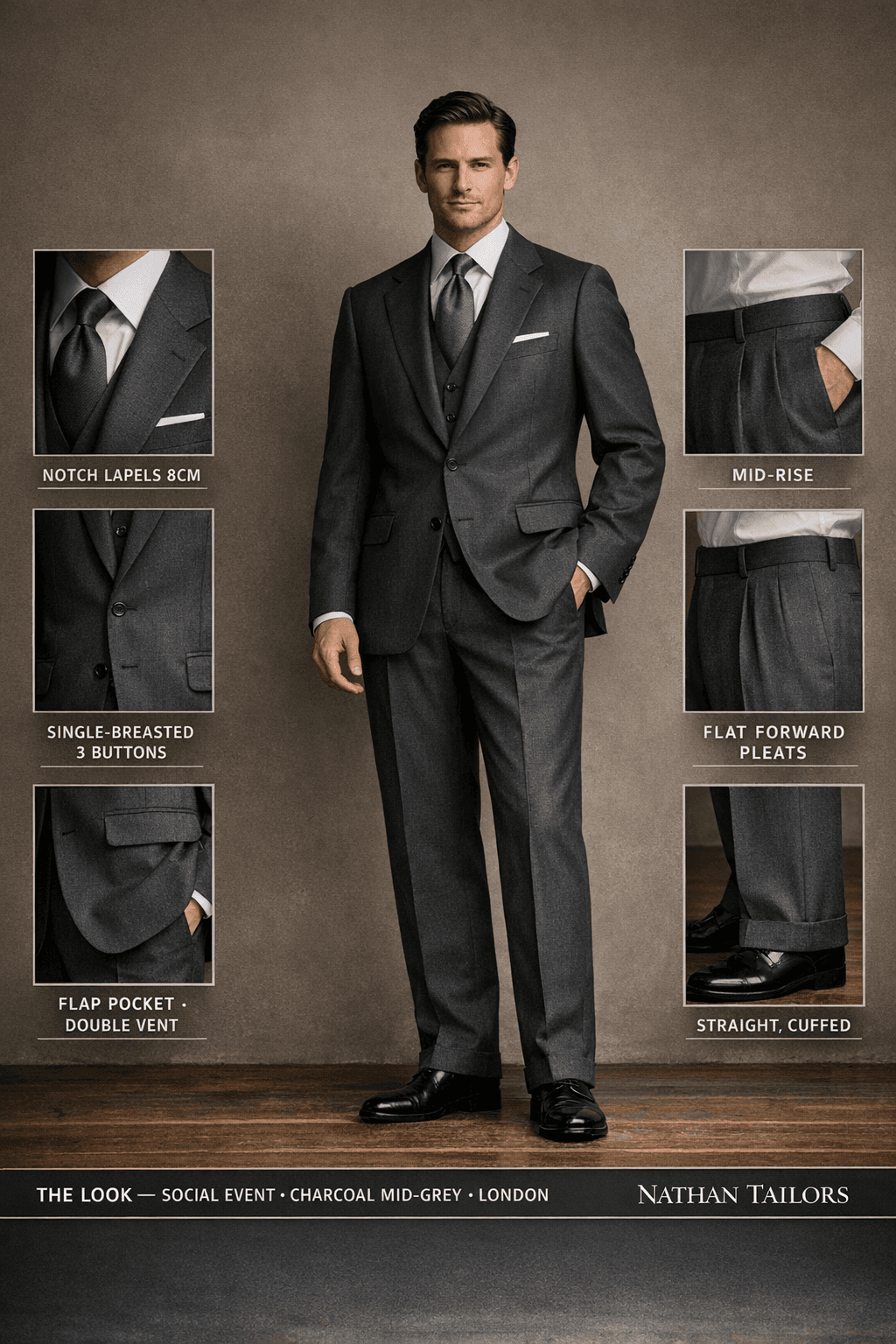 charcoal mid-grey single-breasted notch-lapel online custom suit — designed online at RemoteSuit. Made-to-measure online custom suit available from $109.