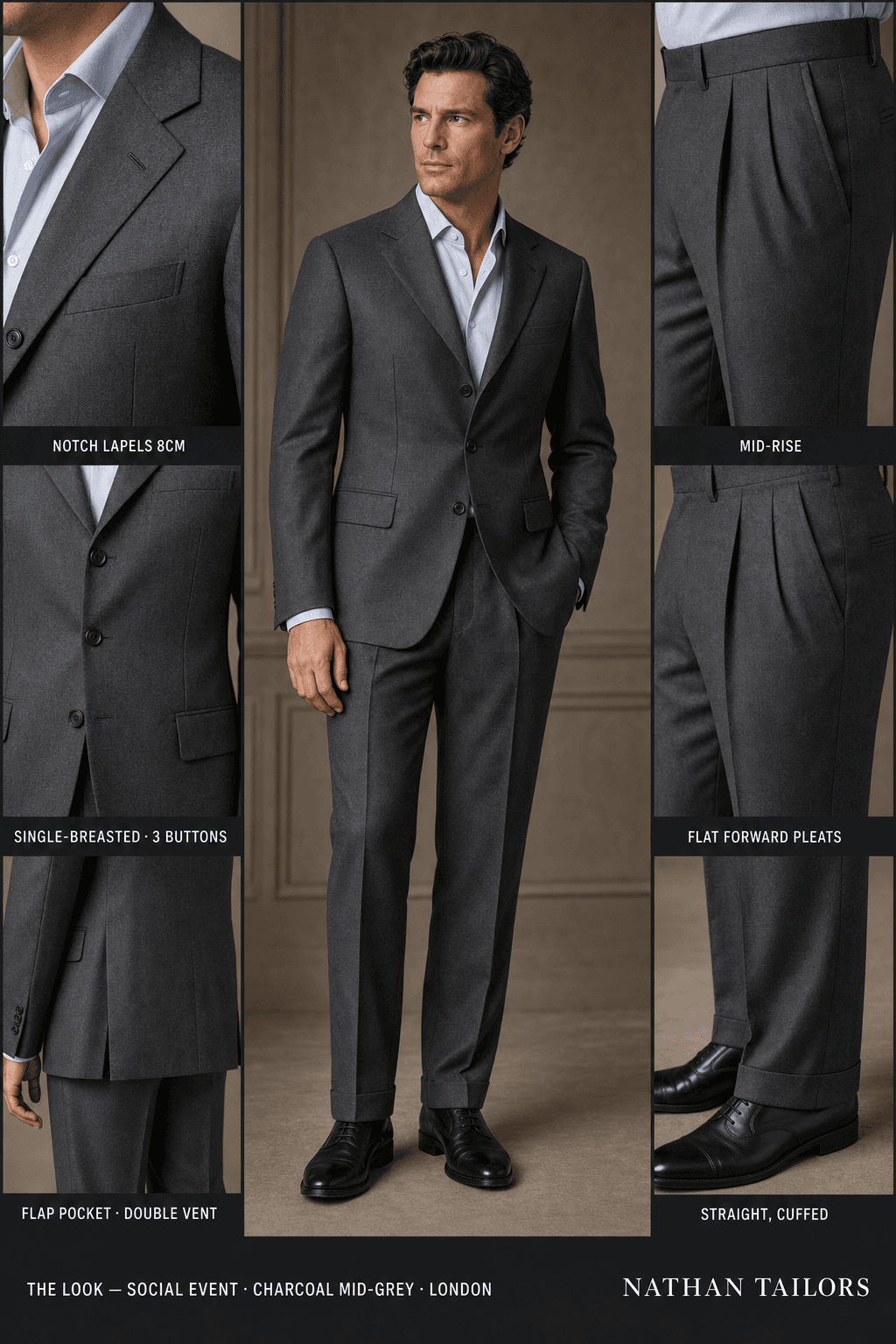 charcoal mid-grey single-breasted notch-lapel online custom suit — designed online at RemoteSuit. Made-to-measure online custom suit available from $109.
