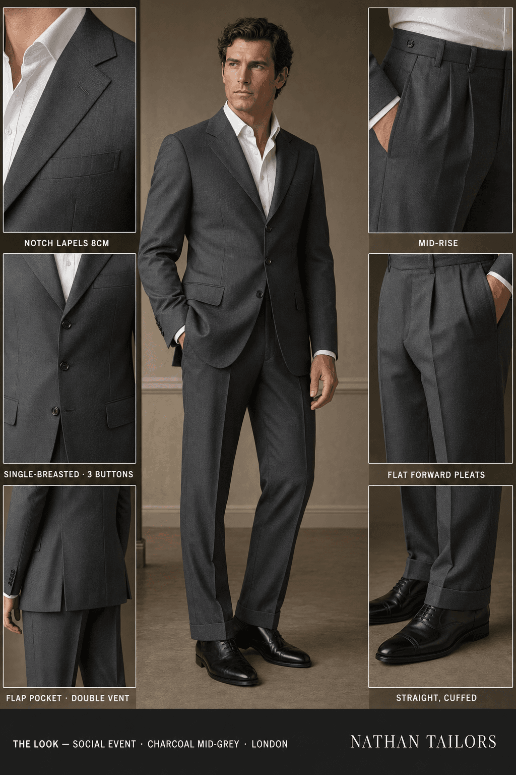 charcoal mid-grey single-breasted notch-lapel online custom suit — designed online at RemoteSuit. Made-to-measure online custom suit available from $109.