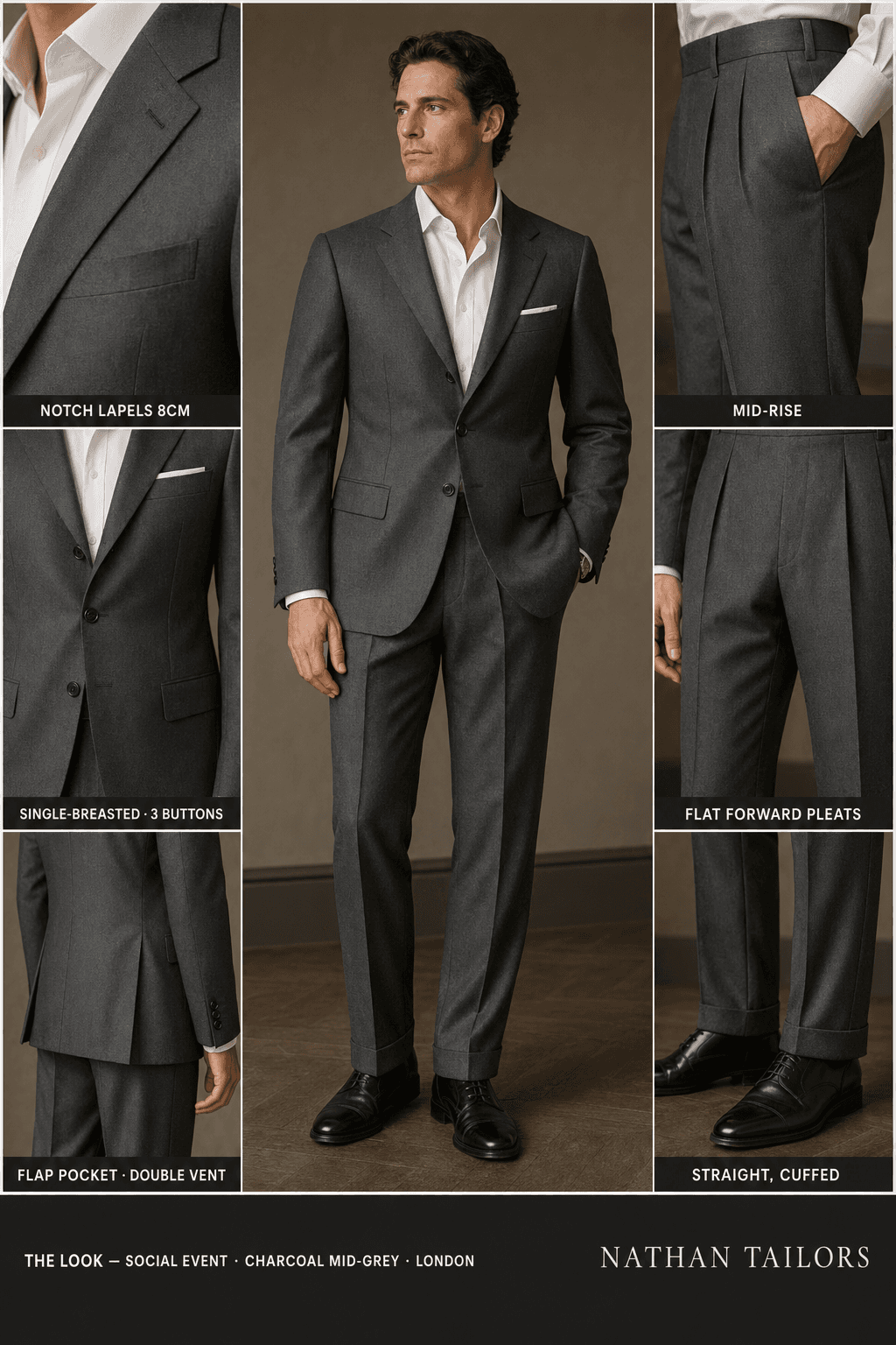 charcoal mid-grey single-breasted notch-lapel online custom suit — designed online at RemoteSuit. Made-to-measure online custom suit available from $109.