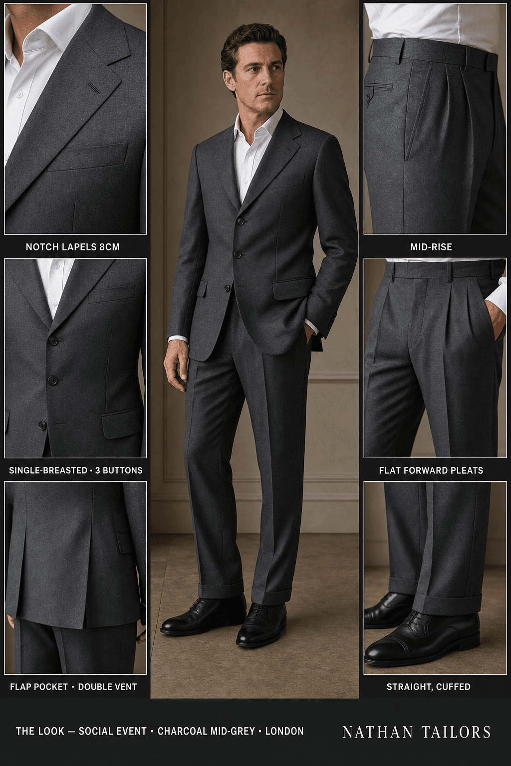 charcoal mid-grey single-breasted notch-lapel online custom suit — designed online at RemoteSuit. Made-to-measure online custom suit available from $109.