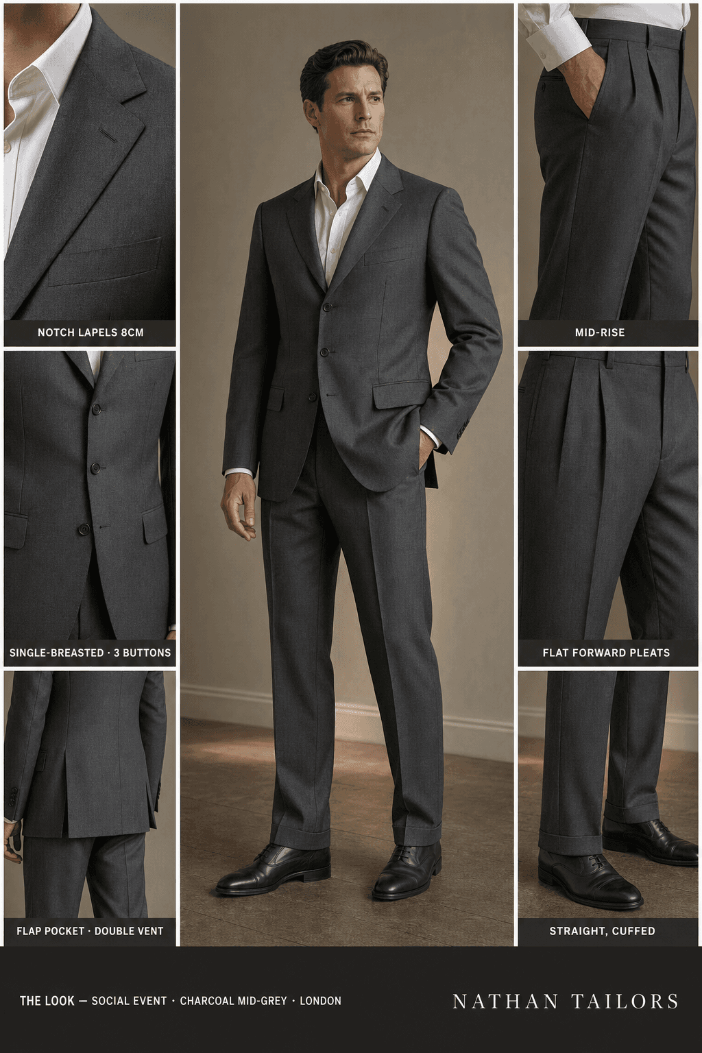 charcoal mid-grey single-breasted notch-lapel online custom suit — designed online at RemoteSuit. Made-to-measure online custom suit available from $109.