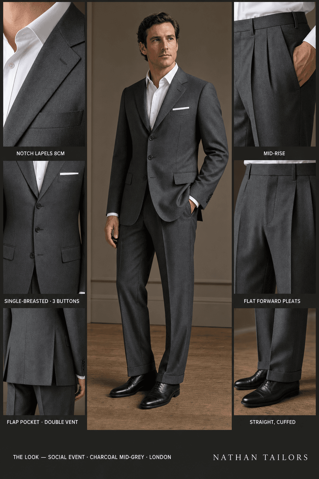 charcoal mid-grey single-breasted notch-lapel online custom suit — designed online at RemoteSuit. Made-to-measure online custom suit available from $109.