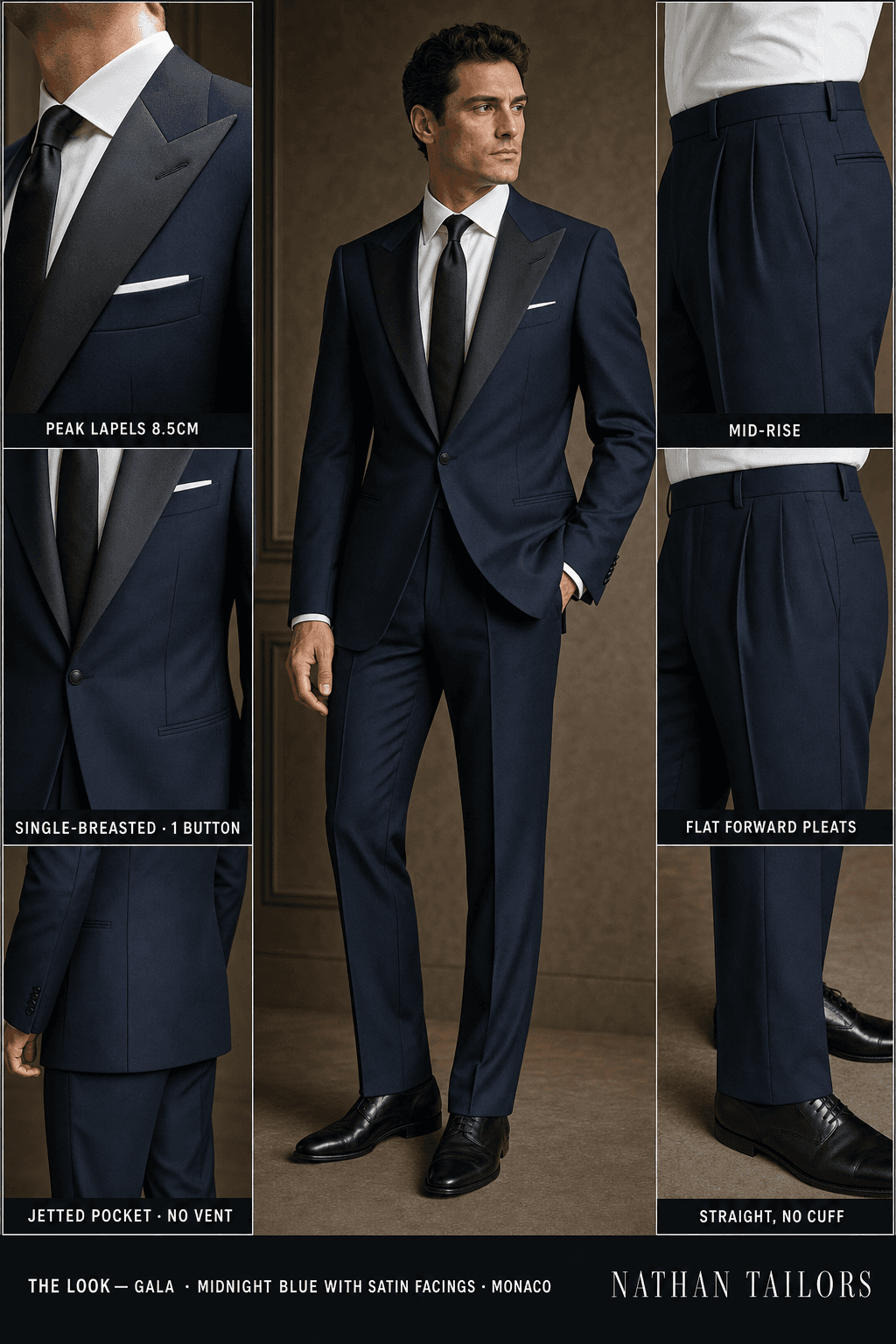 midnight blue with satin facings single-breasted peak-lapel online custom suit — designed online at RemoteSuit. Made-to-measure online custom suit available from $109.