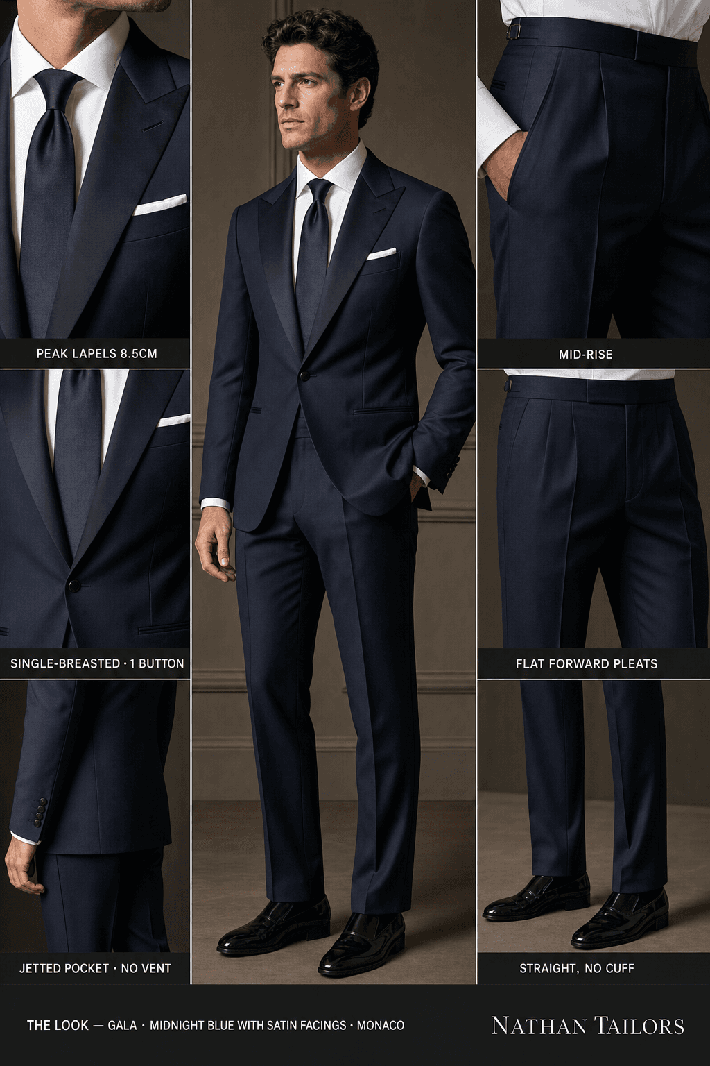 midnight blue with satin facings single-breasted peak-lapel online custom suit — designed online at RemoteSuit. Made-to-measure online custom suit available from $109.