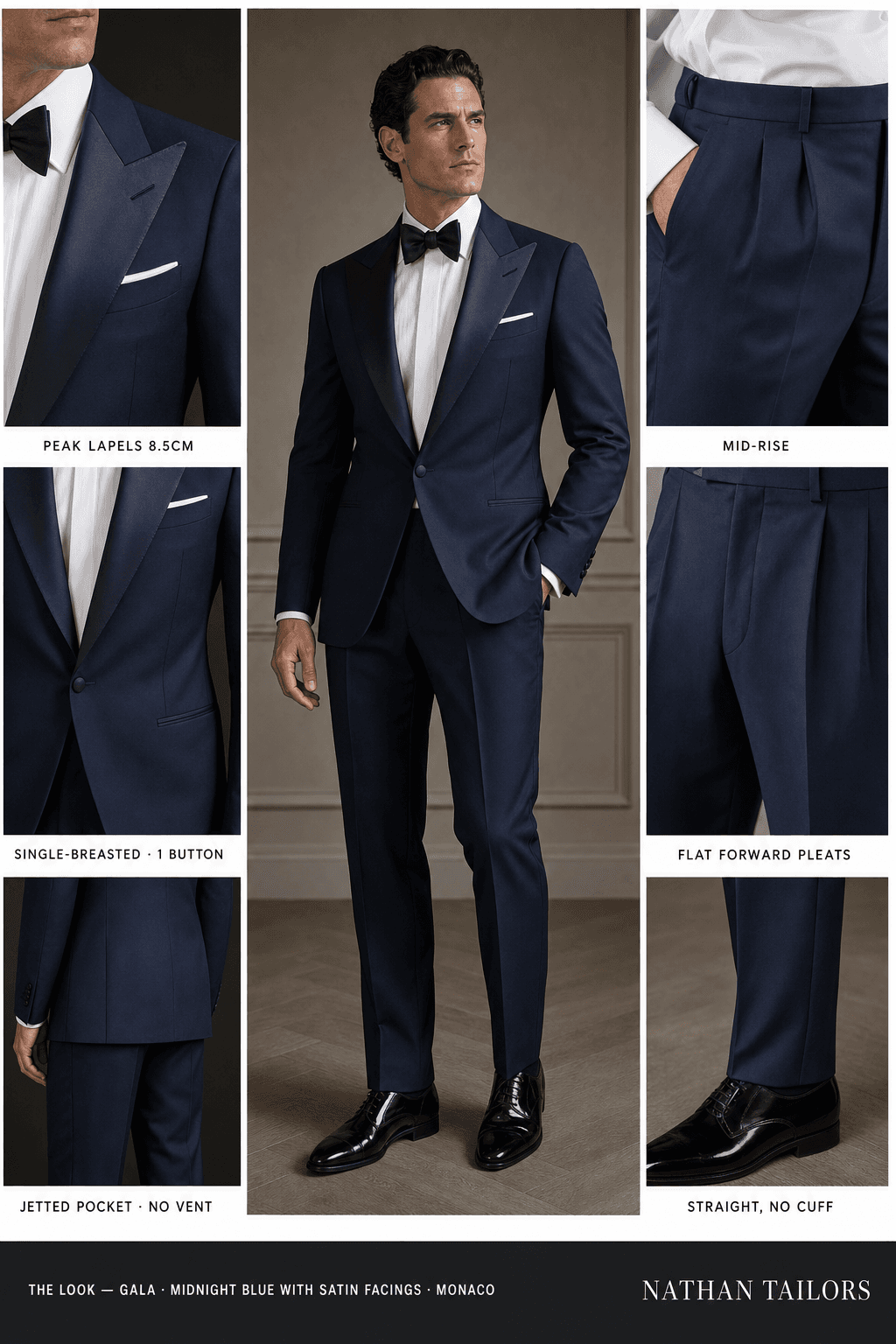 midnight blue with satin facings single-breasted peak-lapel online custom suit — designed online at RemoteSuit. Made-to-measure online custom suit available from $109.