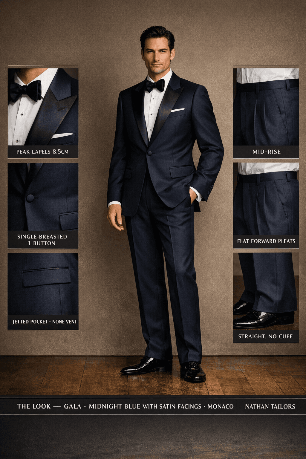 midnight blue with satin facings single-breasted peak-lapel online custom suit — designed online at RemoteSuit. Made-to-measure online custom suit available from $109.
