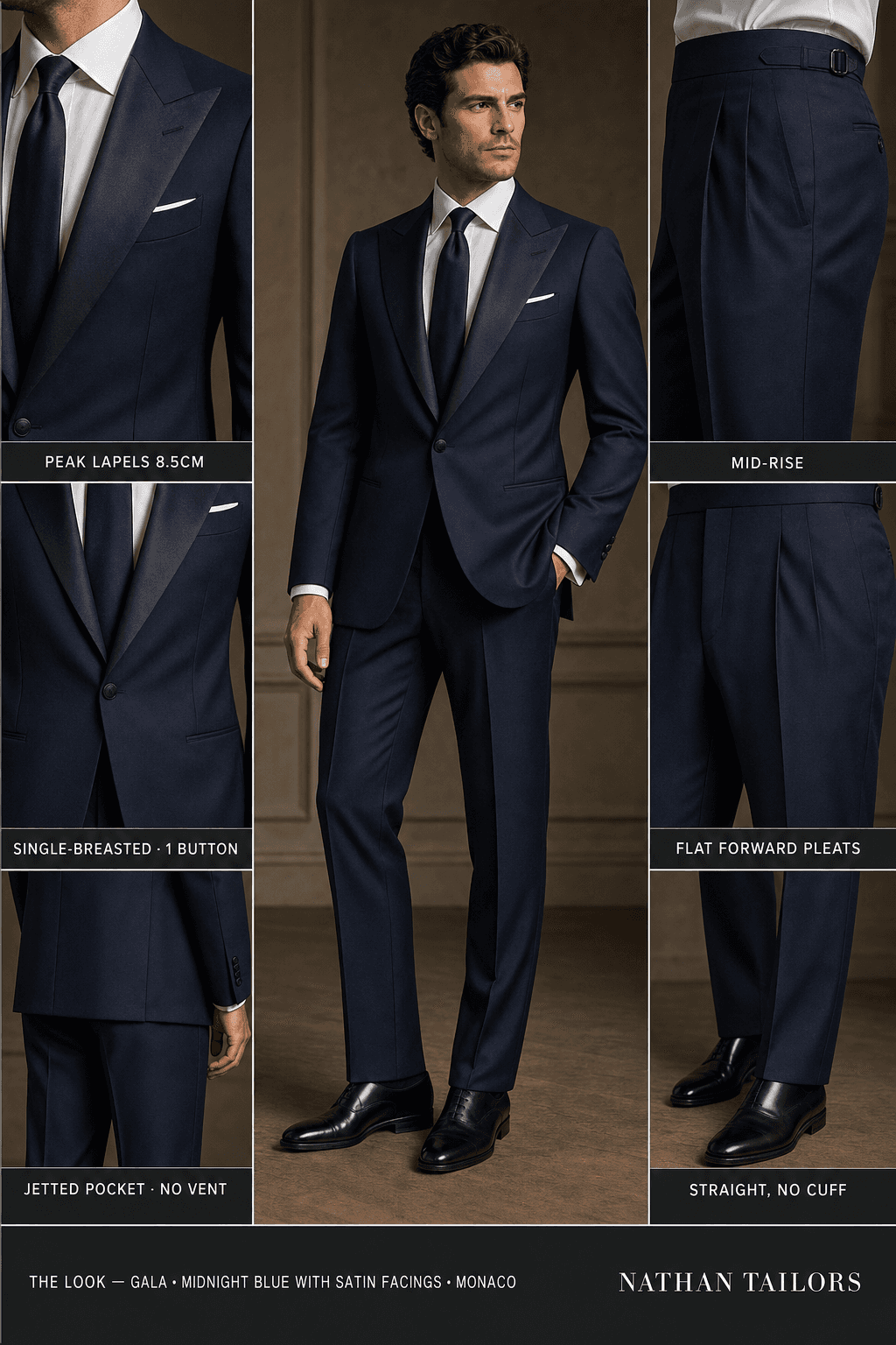 midnight blue with satin facings single-breasted peak-lapel online custom suit — designed online at RemoteSuit. Made-to-measure online custom suit available from $109.