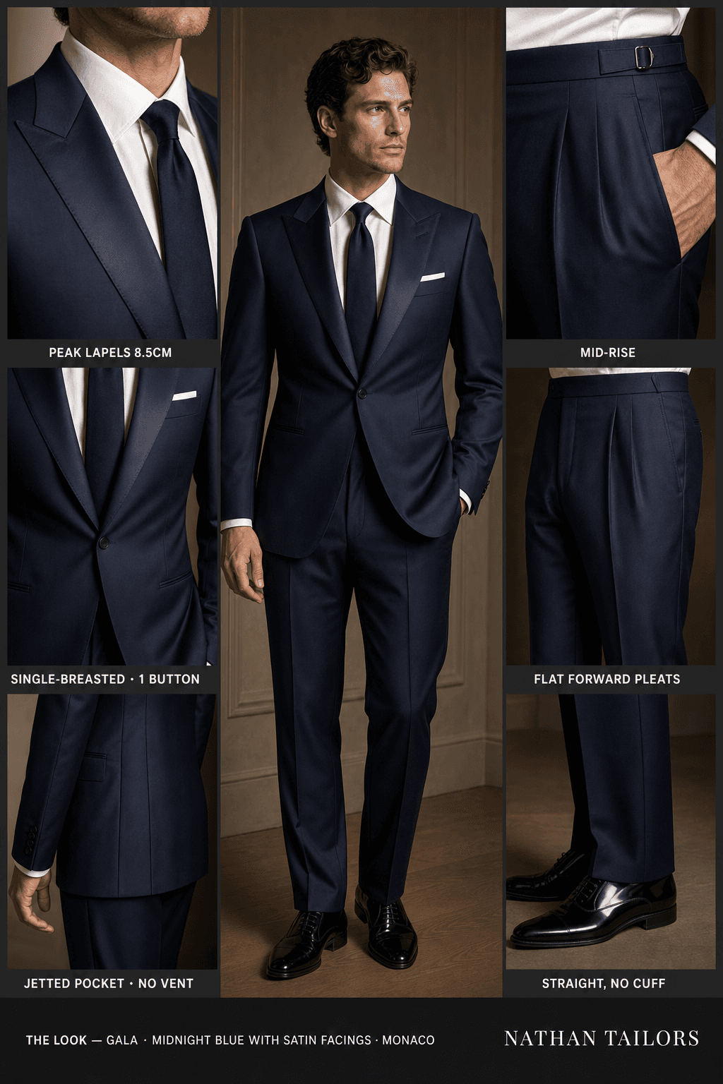 midnight blue with satin facings single-breasted peak-lapel online custom suit — designed online at RemoteSuit. Made-to-measure online custom suit available from $109.