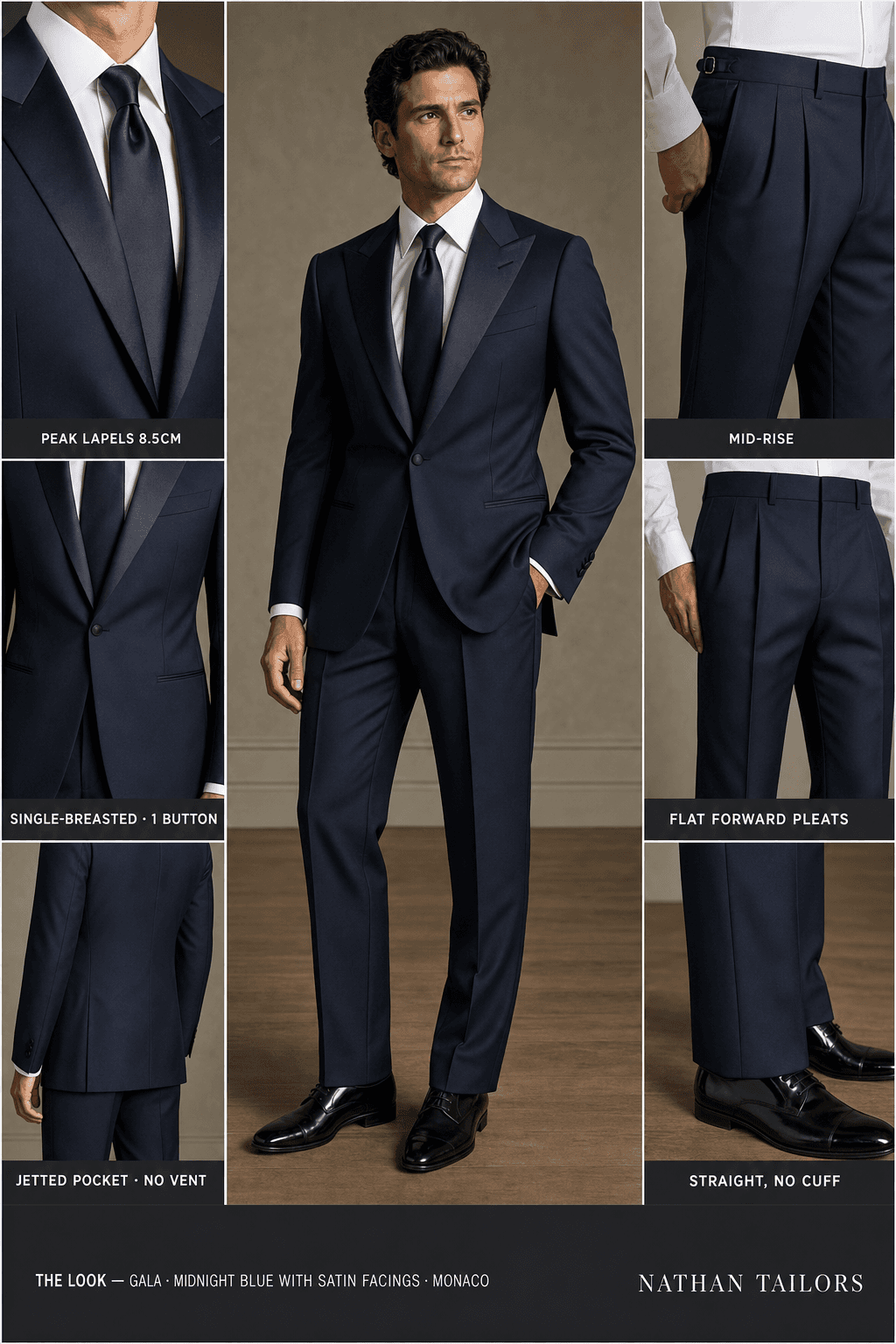 midnight blue with satin facings single-breasted peak-lapel online custom suit — designed online at RemoteSuit. Made-to-measure online custom suit available from $109.