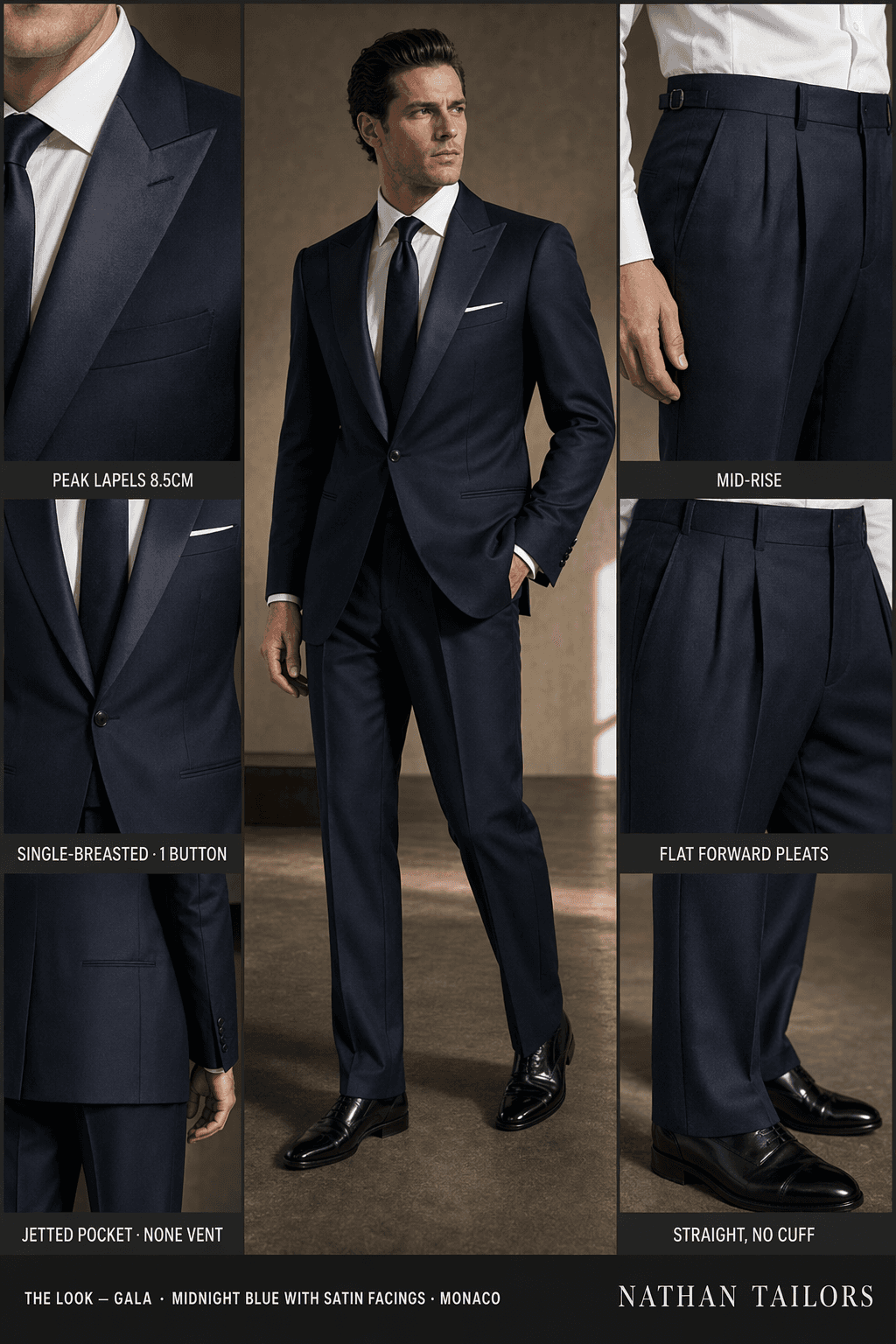 midnight blue with satin facings single-breasted peak-lapel online custom suit — designed online at RemoteSuit. Made-to-measure online custom suit available from $109.