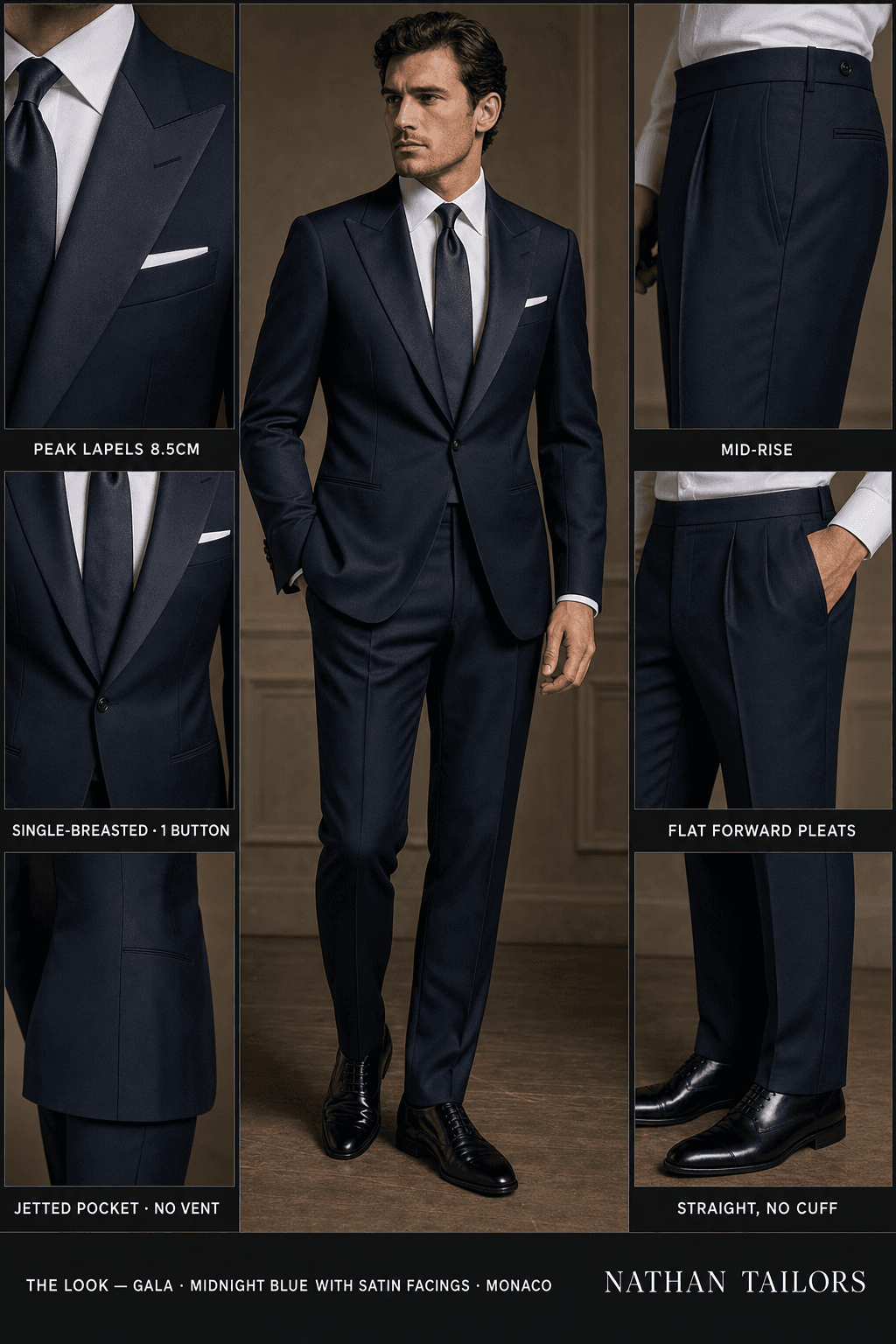 midnight blue with satin facings single-breasted peak-lapel online custom suit — designed online at RemoteSuit. Made-to-measure online custom suit available from $129.