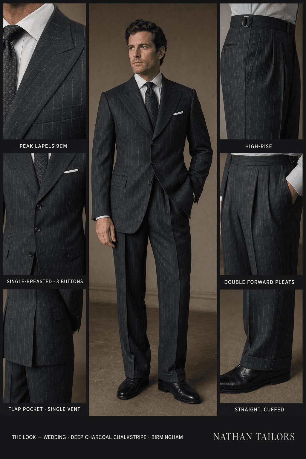 deep charcoal chalkstripe chalk stripe single-breasted peak-lapel online custom suit — designed online at RemoteSuit. Made-to-measure online custom suit available from $109.