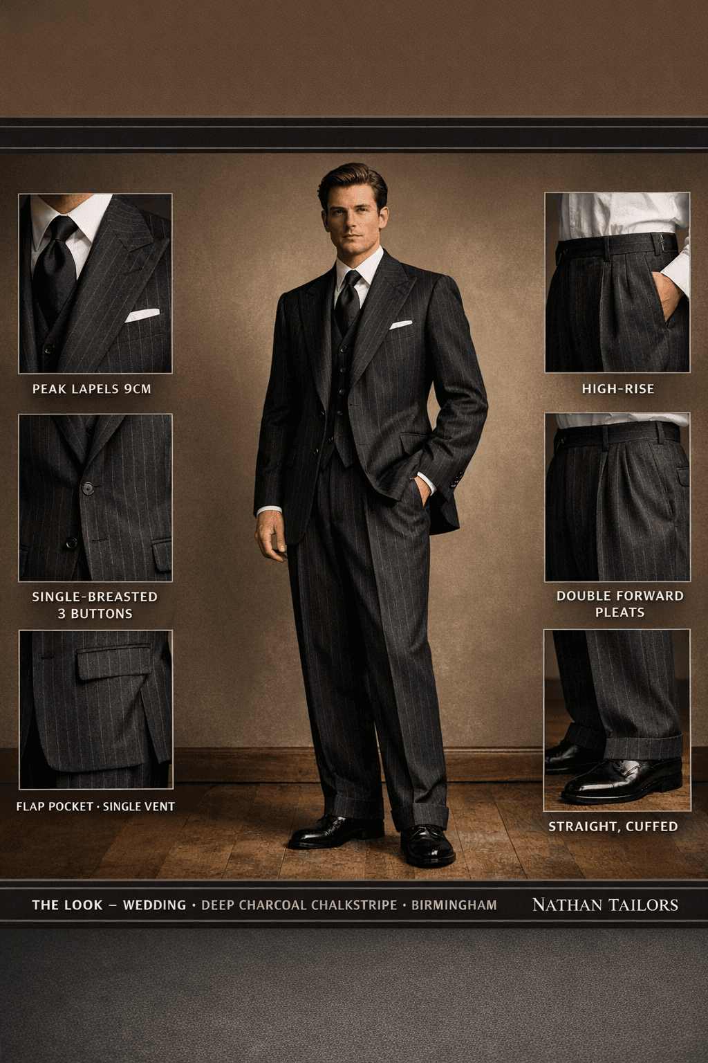 deep charcoal chalkstripe chalk stripe single-breasted peak-lapel online custom suit — designed online at RemoteSuit. Made-to-measure online custom suit available from $109.