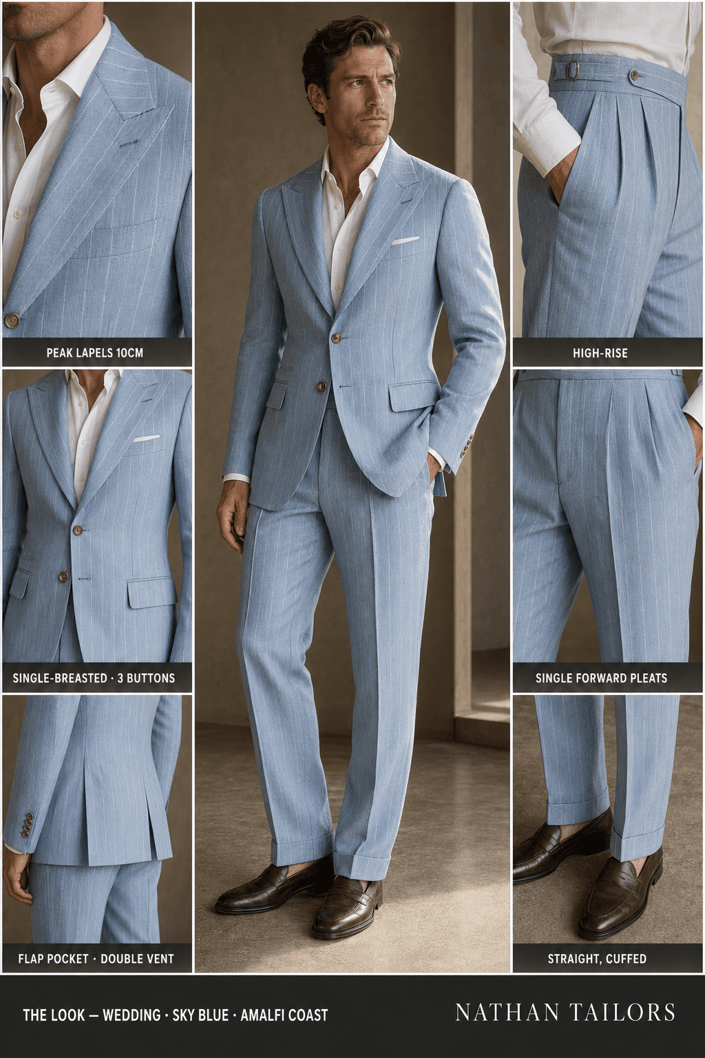 sky blue chalk stripe single-breasted peak-lapel online custom suit — designed online at RemoteSuit. Made-to-measure online custom suit available from $109.