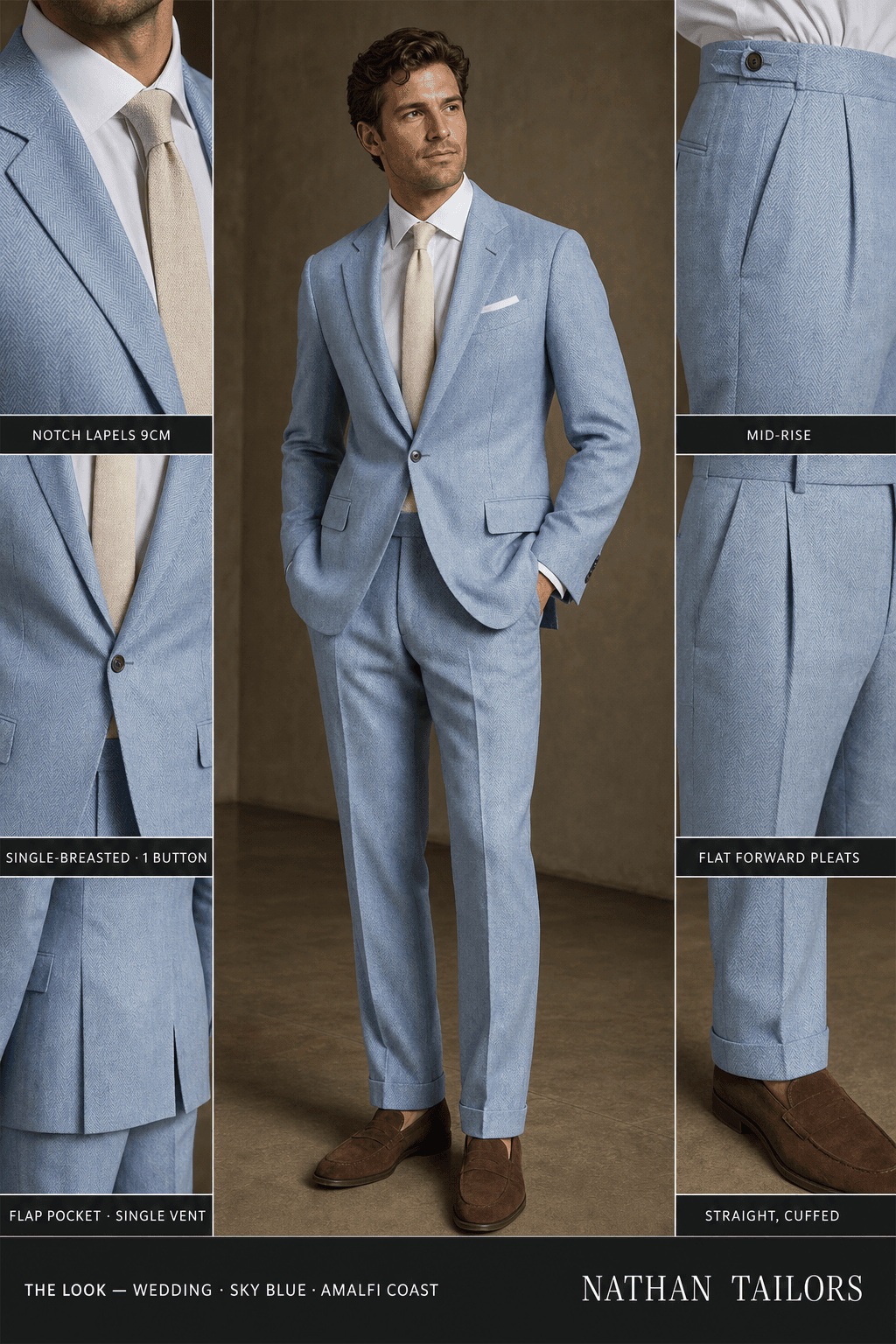 sky blue herringbone single-breasted notch-lapel online custom suit — designed online at RemoteSuit. Made-to-measure online custom suit available from $109.