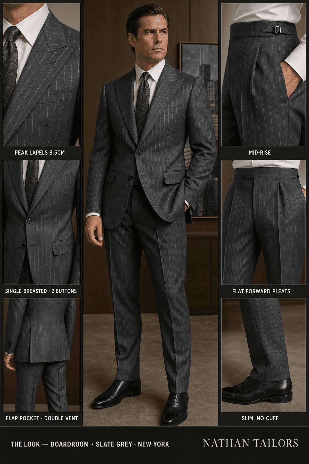 slate grey chalk stripe single-breasted peak-lapel online custom suit — designed online at RemoteSuit. Made-to-measure online custom suit available from $109.