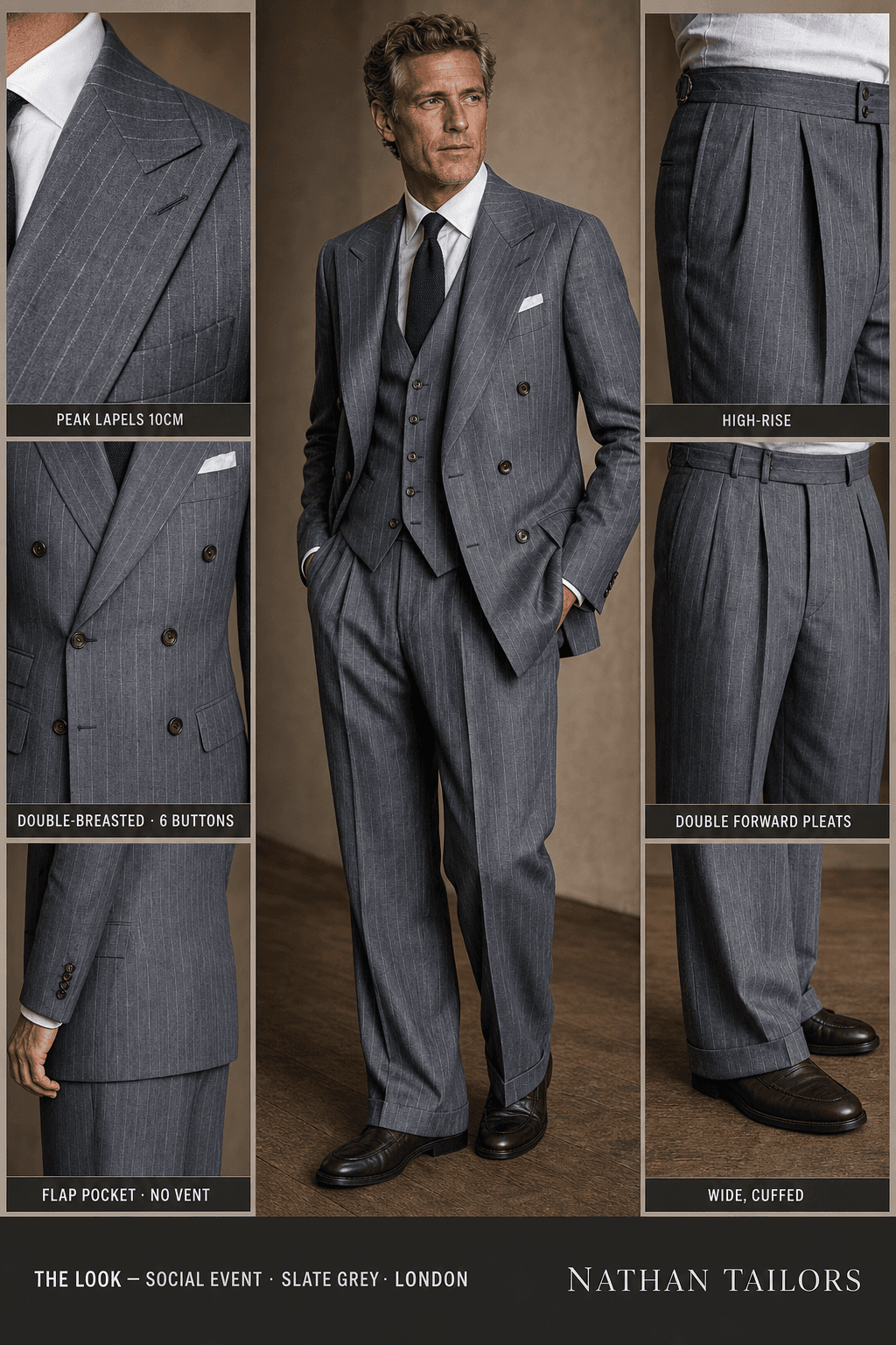 slate grey pinstripe double-breasted peak-lapel online custom suit — designed online at RemoteSuit. Made-to-measure online custom suit available from $109.