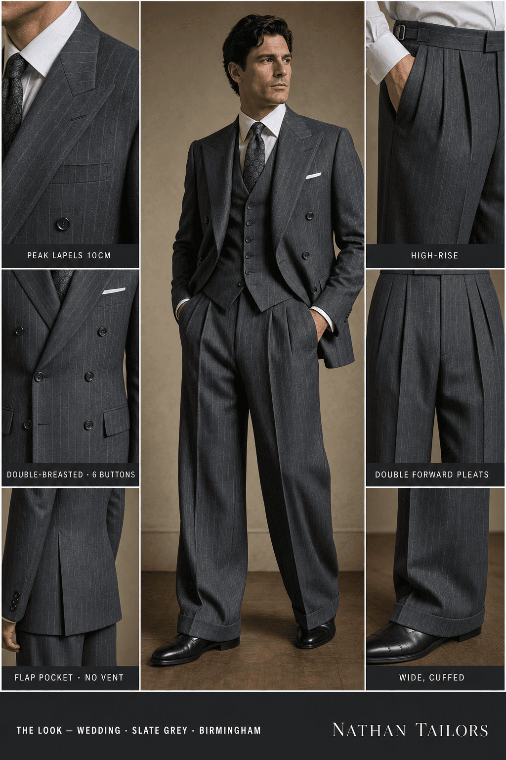 slate grey pinstripe double-breasted peak-lapel online custom suit — designed online at RemoteSuit. Made-to-measure online custom suit available from $109.