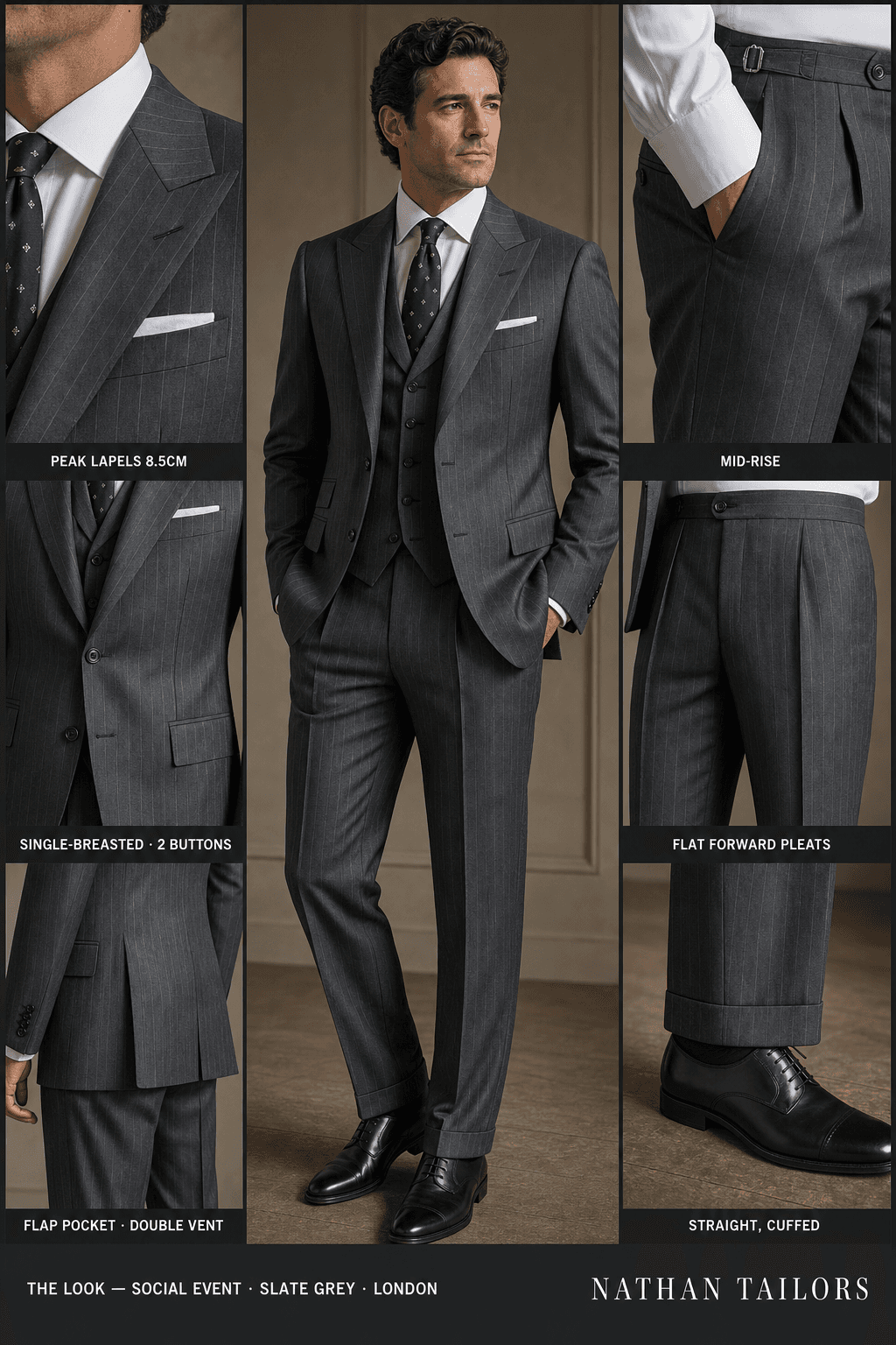 slate grey pinstripe single-breasted peak-lapel online custom suit — designed online at RemoteSuit. Made-to-measure online custom suit available from $109.