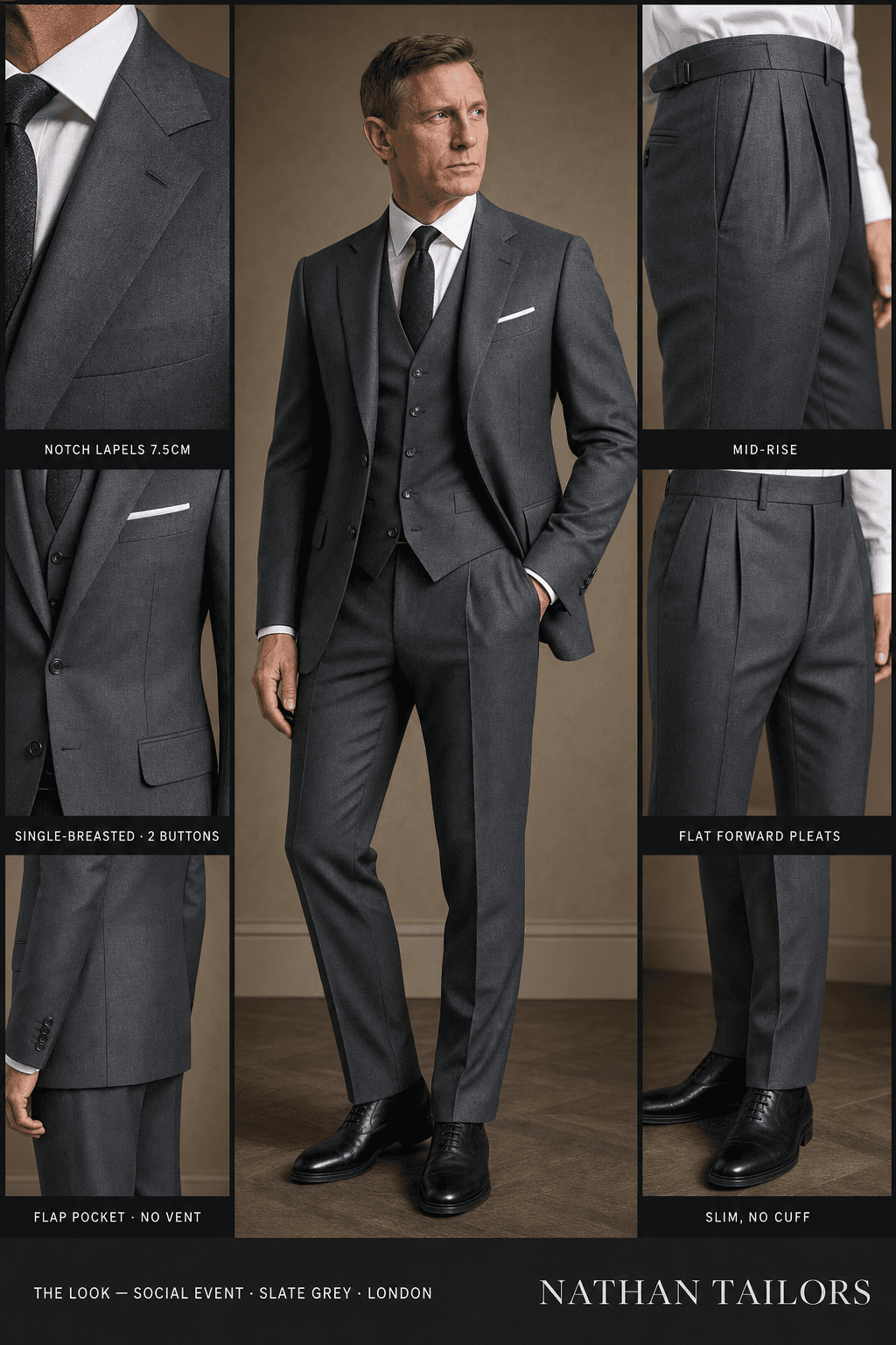 slate grey single-breasted notch-lapel online custom suit — designed online at RemoteSuit. Made-to-measure online custom suit available from $109.