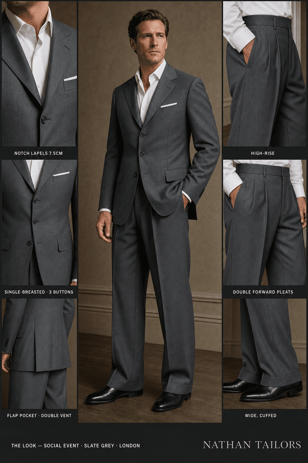 slate grey single-breasted notch-lapel online custom suit — designed online at RemoteSuit. Made-to-measure online custom suit available from $109.