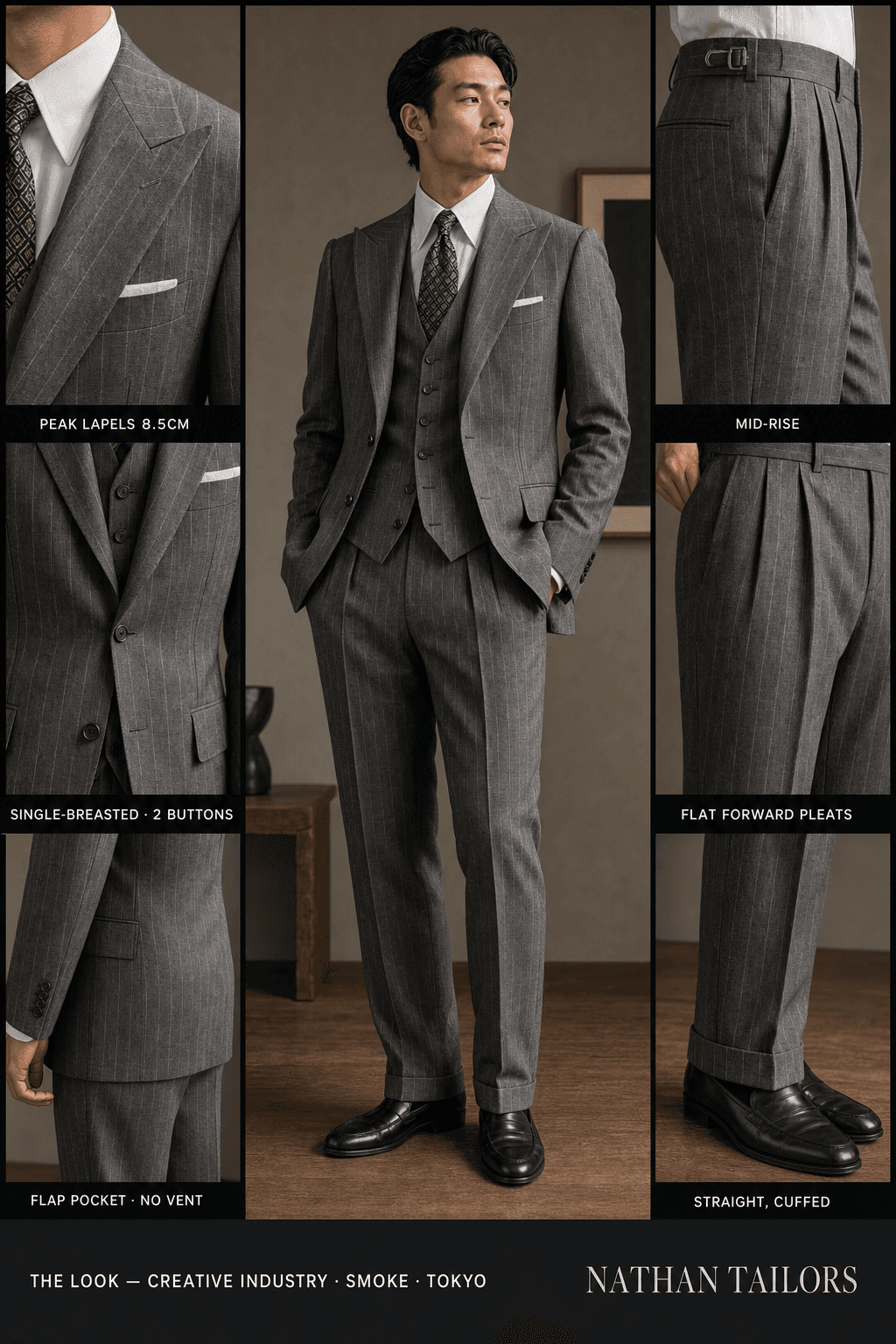 smoke chalk stripe single-breasted peak-lapel online custom suit — designed online at RemoteSuit. Made-to-measure online custom suit available from $109.
