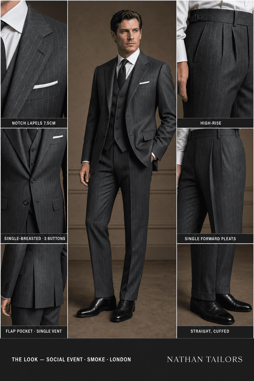 smoke pinstripe single-breasted notch-lapel online custom suit — designed online at RemoteSuit. Made-to-measure online custom suit available from $109.